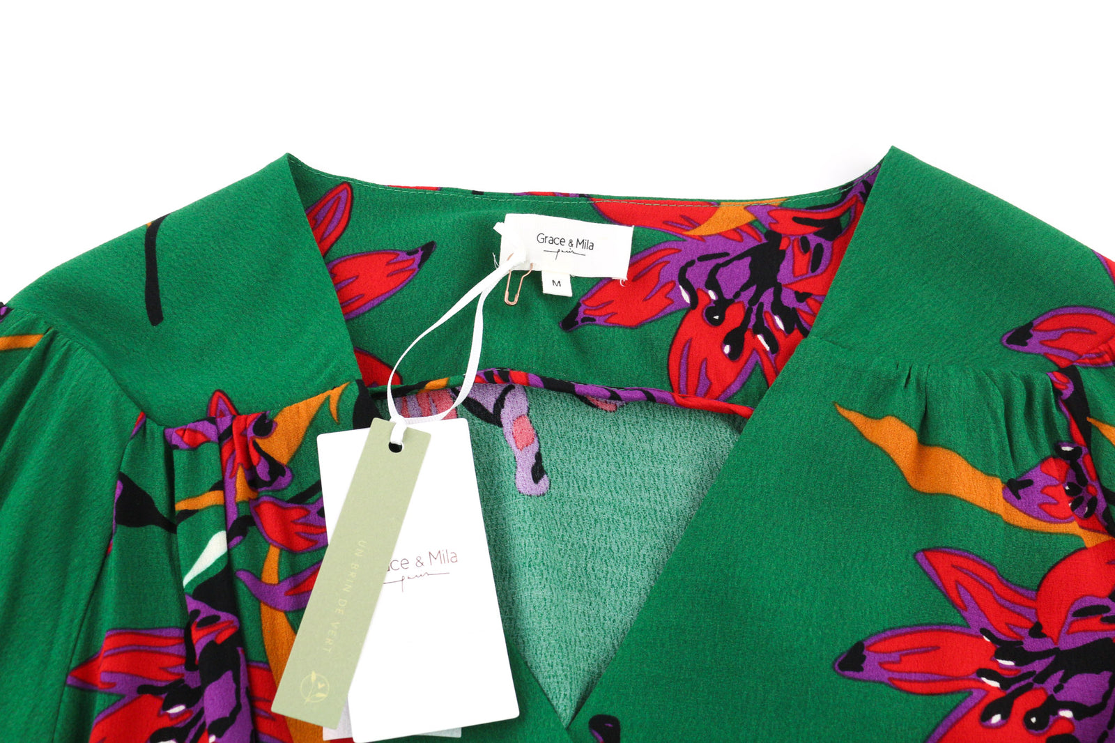 GRACE & MILA Bastia Women Blouse M Green Flower Print Long Sleeved Wrap V-Neck