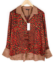 J.J. GARELLA Women Shirt 42 Red Long Sleeved Animal Cheetah Print Button-Up
