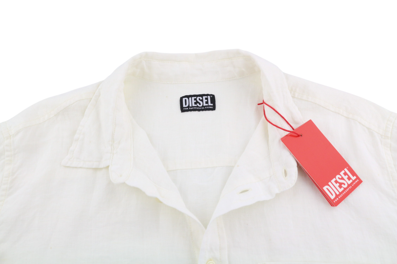 DIESEL S-Umbe-Sslab Men Shirt L White Short Sleeve Linen Spread Neck RRP€150