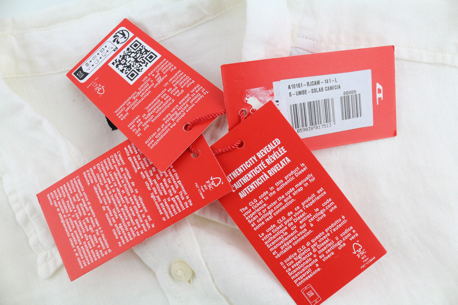 DIESEL S-Umbe-Sslab Men Shirt L White Short Sleeve Linen Spread Neck RRP€150