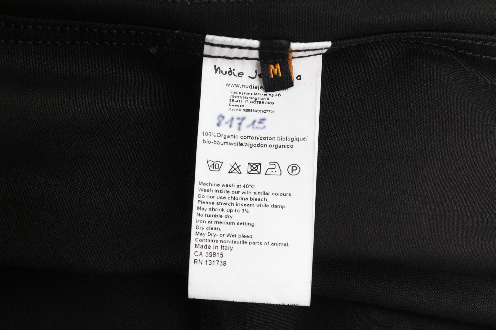 Nudie Jeans Men Jacket M PL Neck Black Unlined Organic Cotton Black Pockets