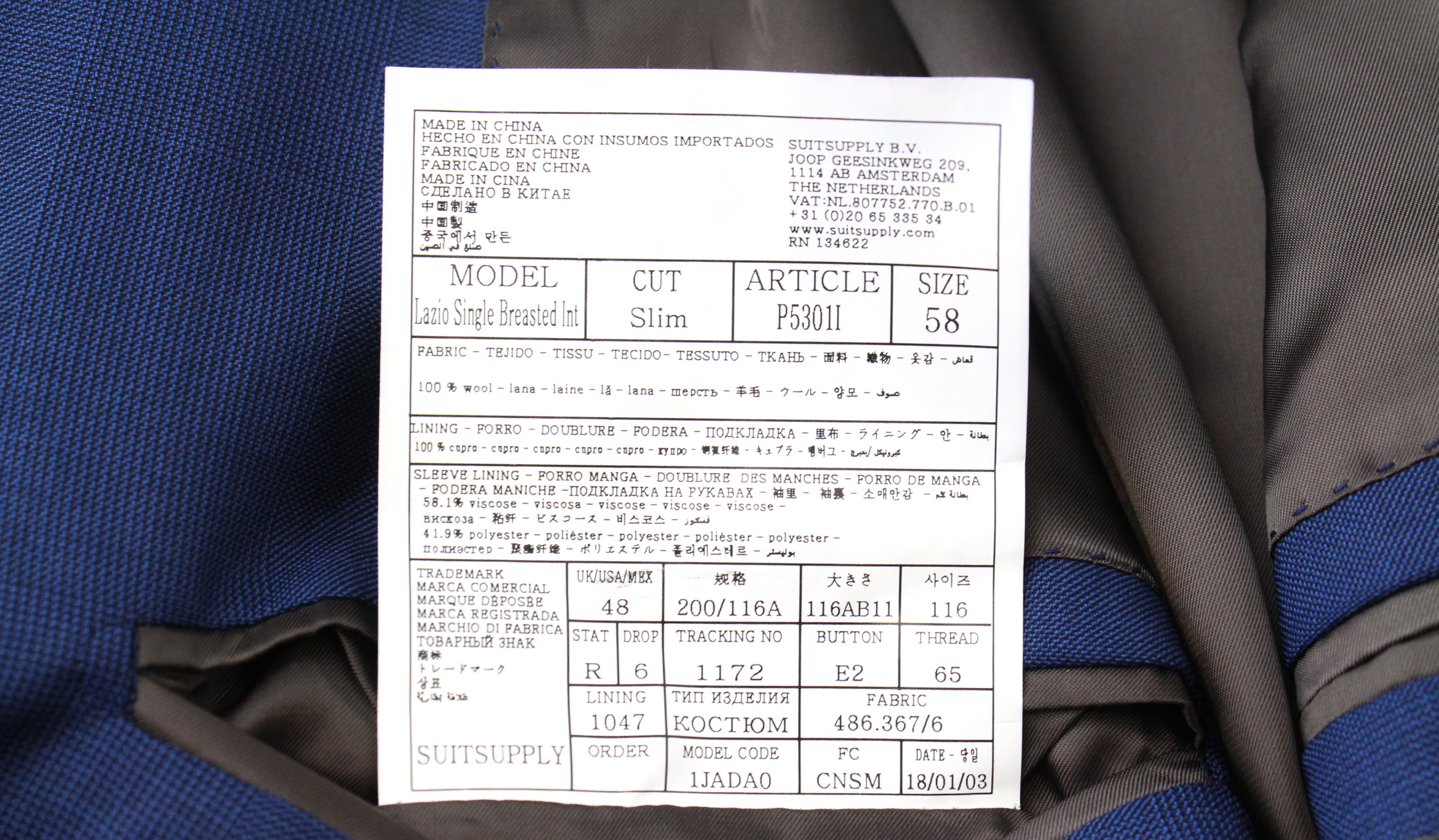 SUITSUPPLY Lazio Men's Blue UK48R Wool Blazer Slim Fit Super 110's Classic