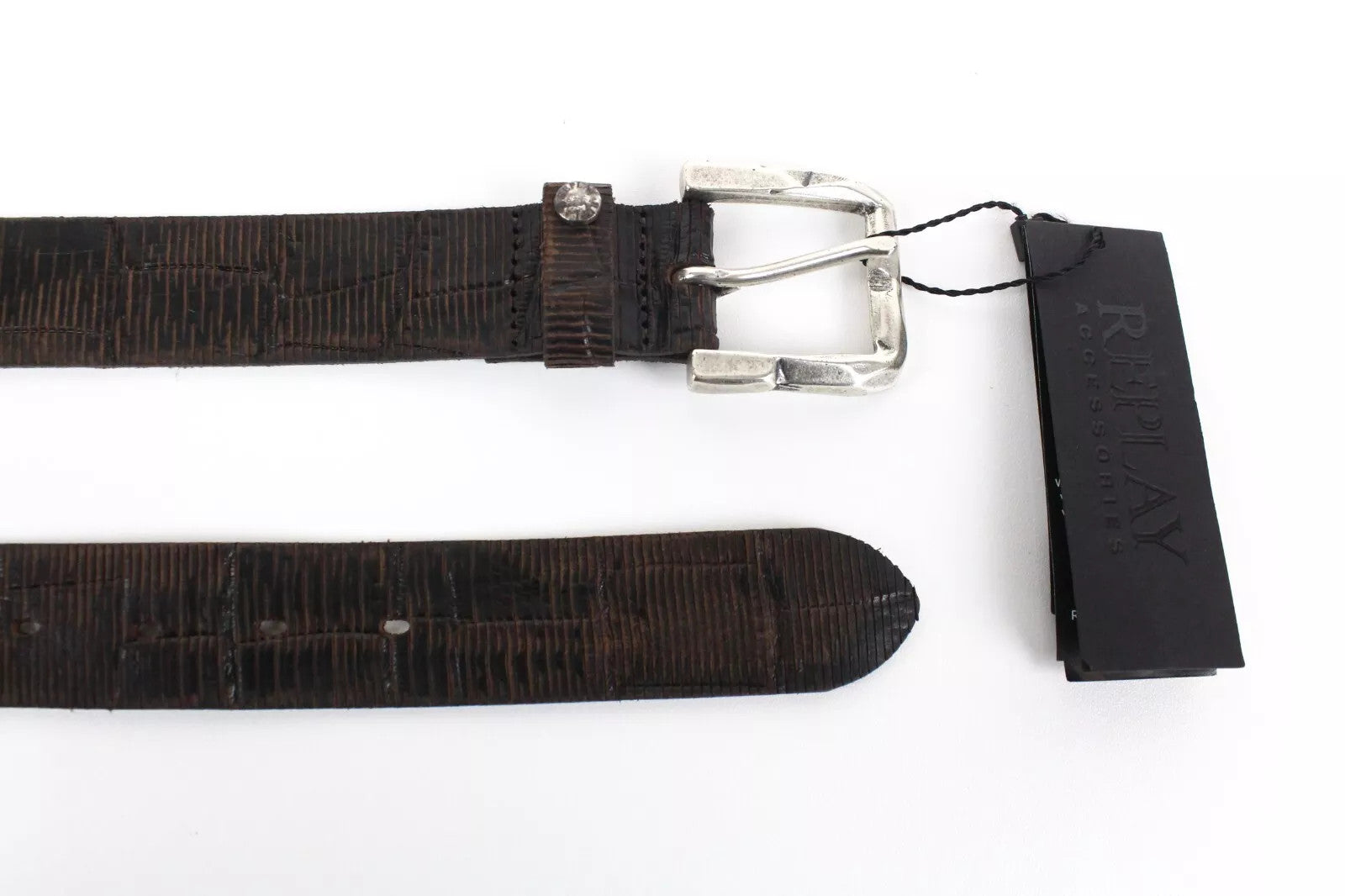 REPLAY Leather Belt 105cm Men Brown Cowhide Pattern Metal Buckle