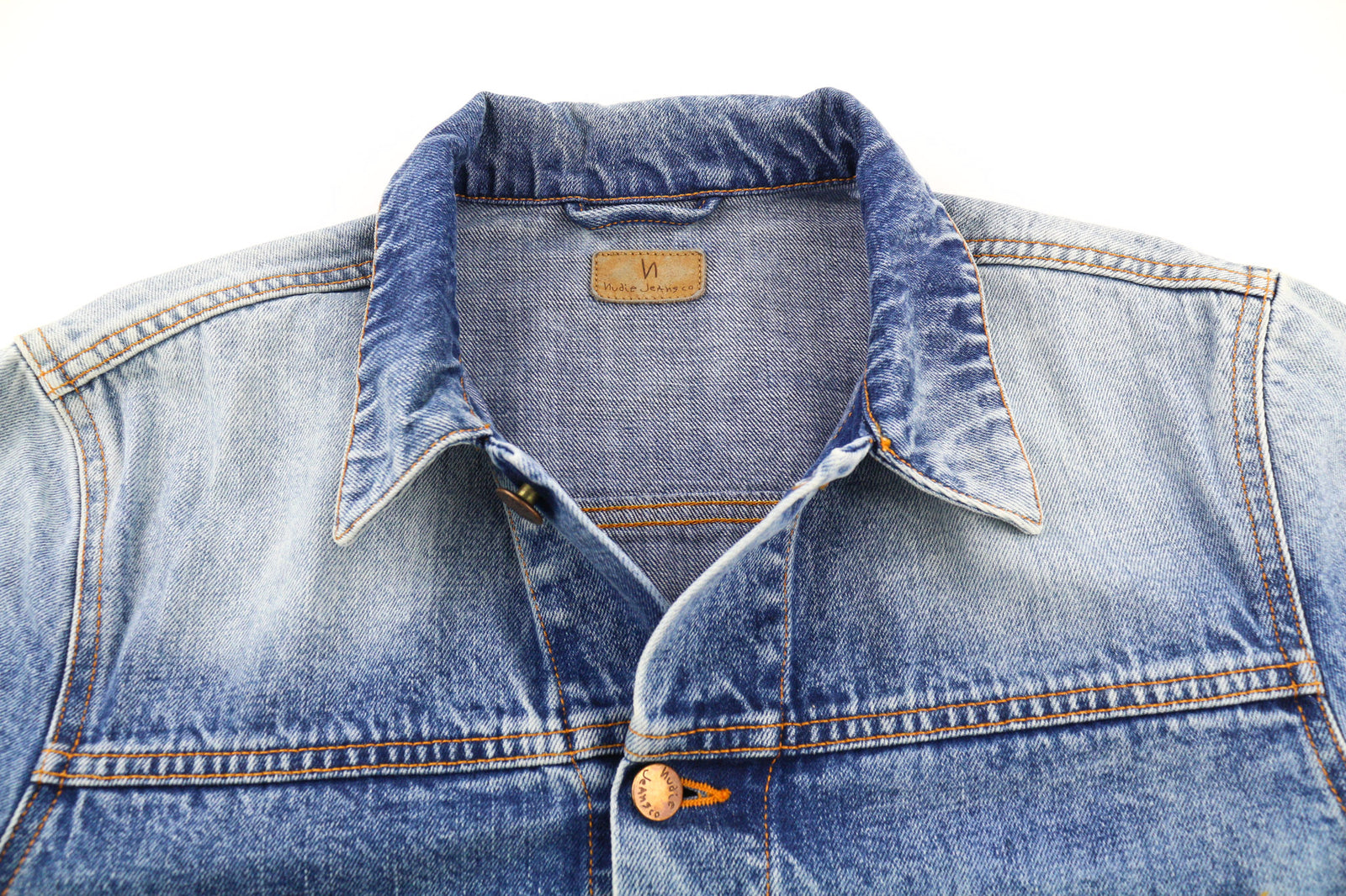 NUDIE Ronny Rig Bossa Hawk Men Jacket M Blue PL Neck Unlined Pockets Faded