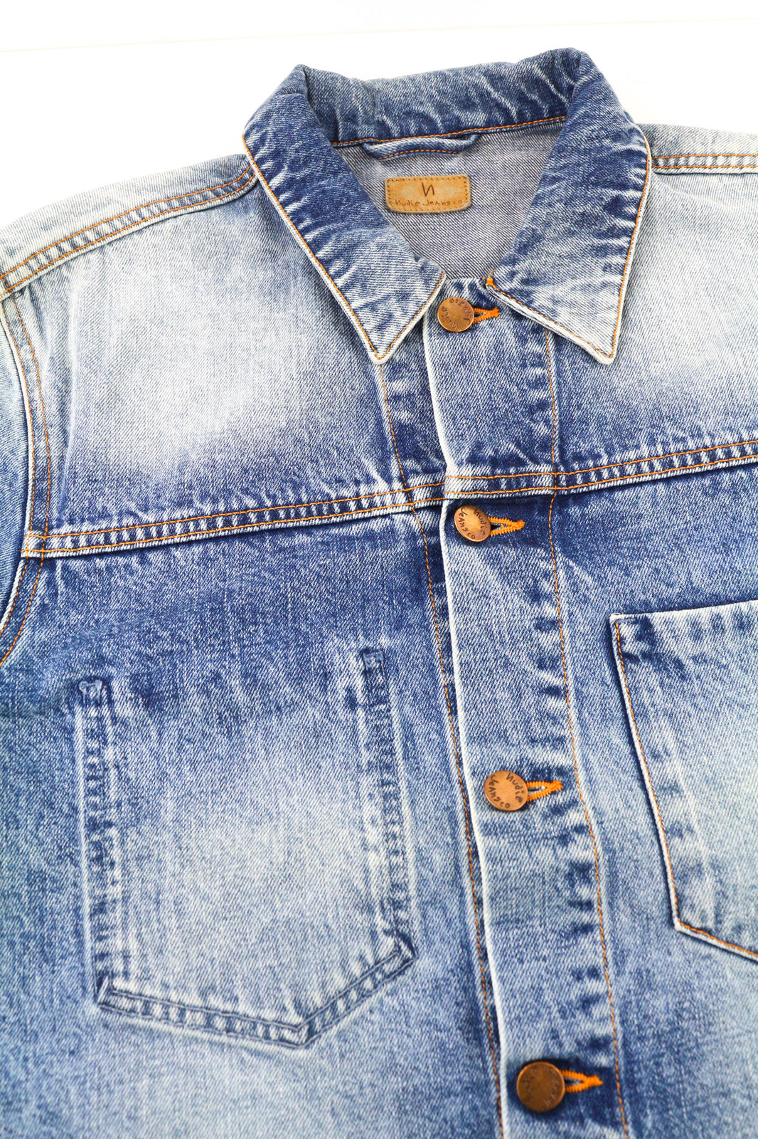 NUDIE Ronny Rig Bossa Hawk Men Jacket M Blue PL Neck Unlined Pockets Faded