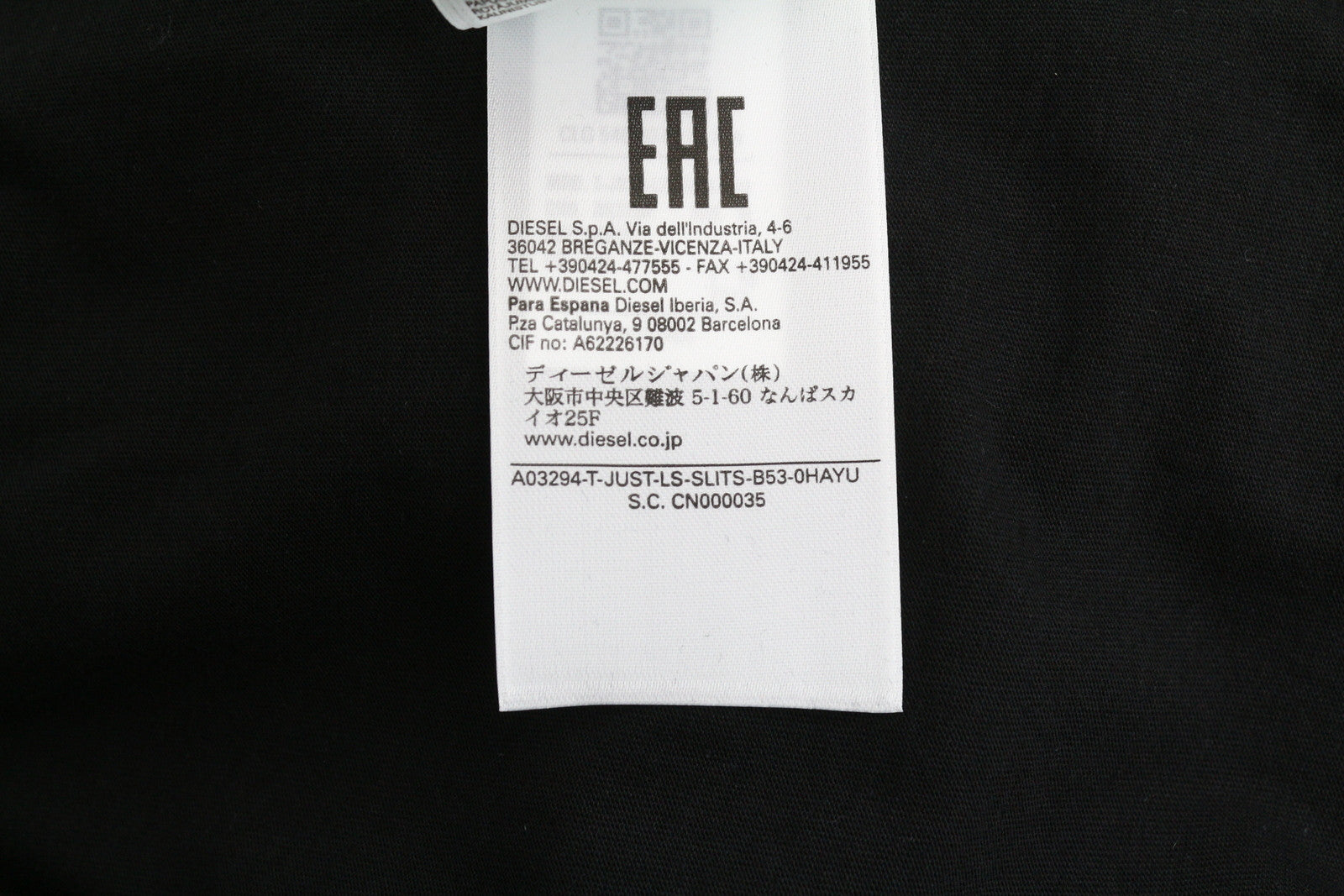 DIESEL T-Just-LS-Slits-B53 Men T-Shirt 2XL Black Pullover Crew Neck Cotton
