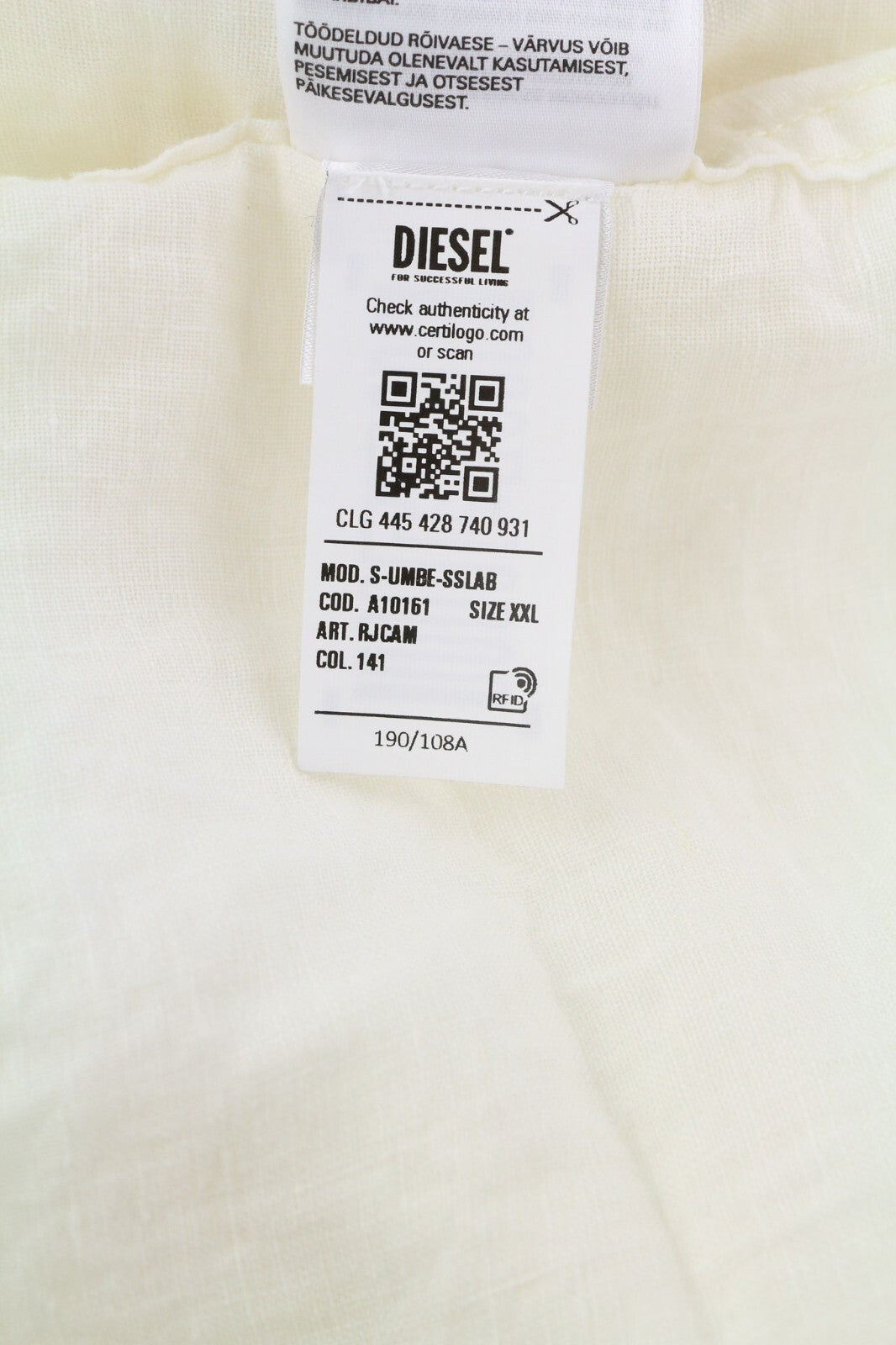 DIESEL S-Umbe-Sslab Men Shirt 2XL White Linen Short Sleeve Spread Neck RRP€150