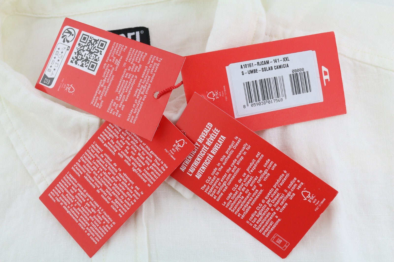 DIESEL S-Umbe-Sslab Men Shirt 2XL White Linen Short Sleeve Spread Neck RRP€150