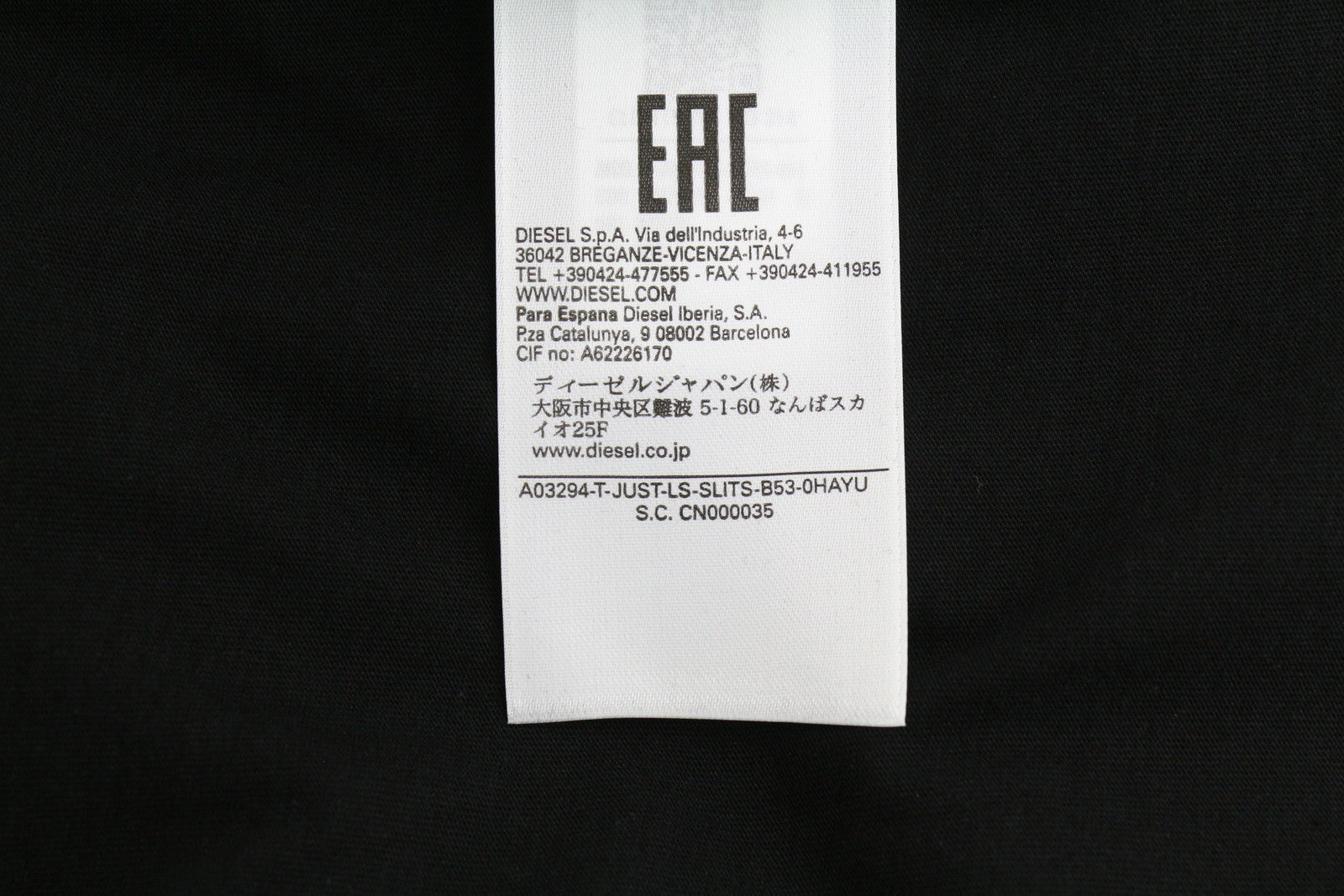 DIESEL T-Just-LS-Slits-B53 Men T-Shirt M Black Pullover Crew Collar Cotton Logo