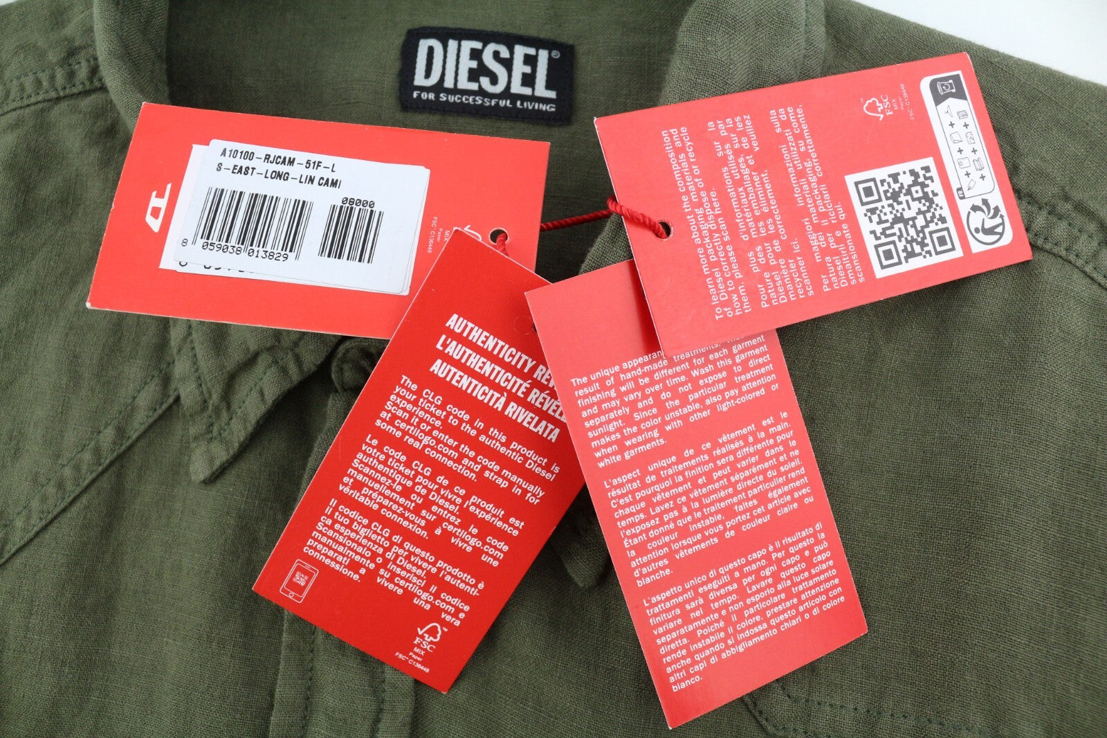 DIESEL S-East-Long-Lin Men Shirt L Olive Green Linen Spread Collar RRP€175