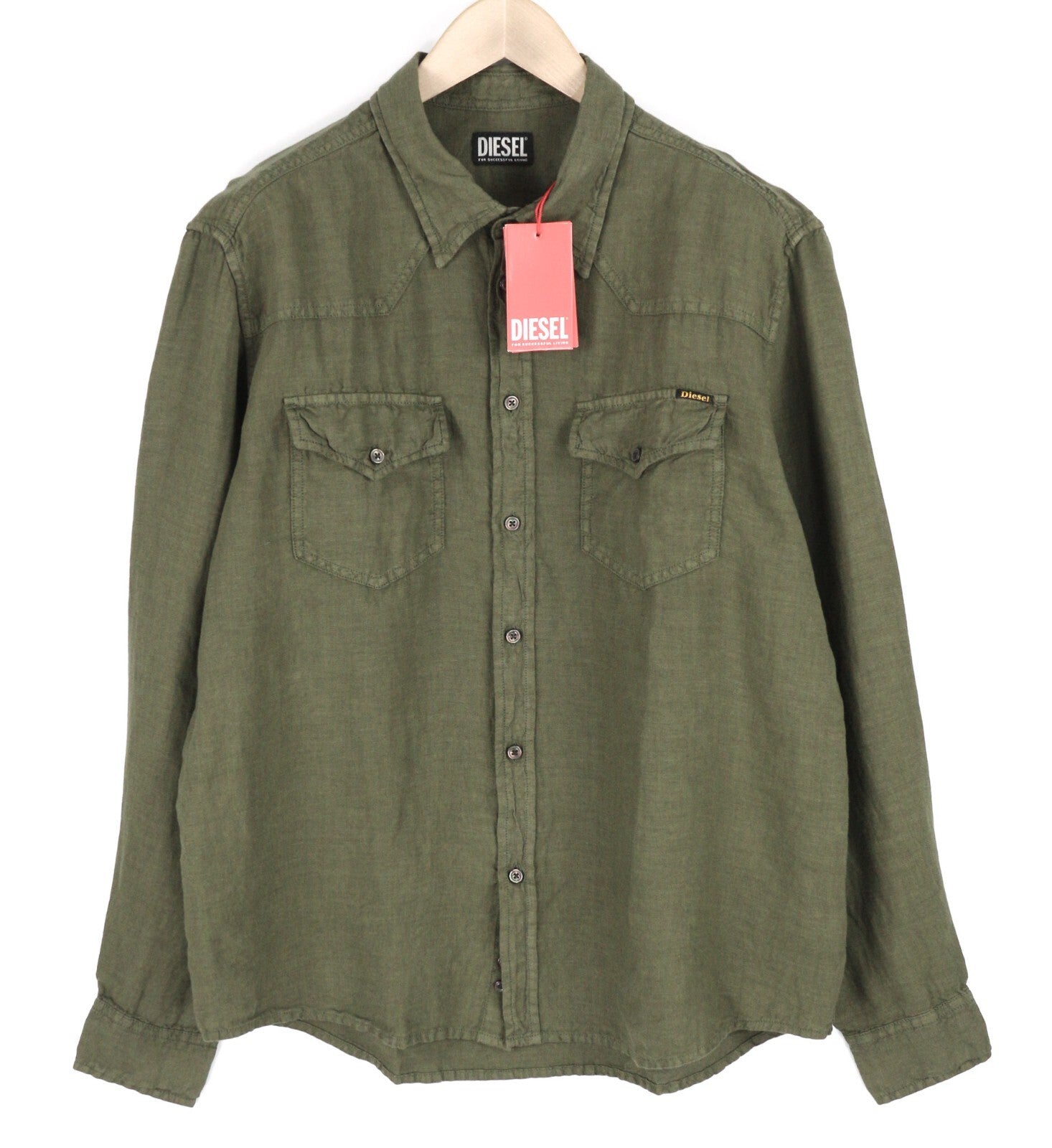 DIESEL S-East-Long-Lin Men Shirt 2XL Olive Green Linen Buttoned RRP€175