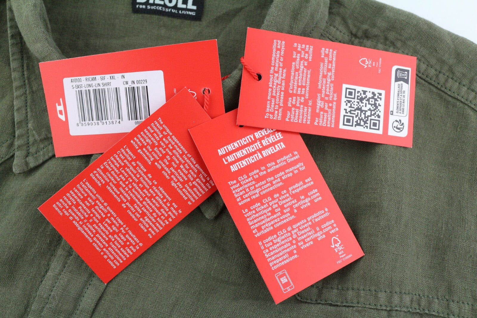 DIESEL S-East-Long-Lin Men Shirt 2XL Olive Green Linen Buttoned RRP€175