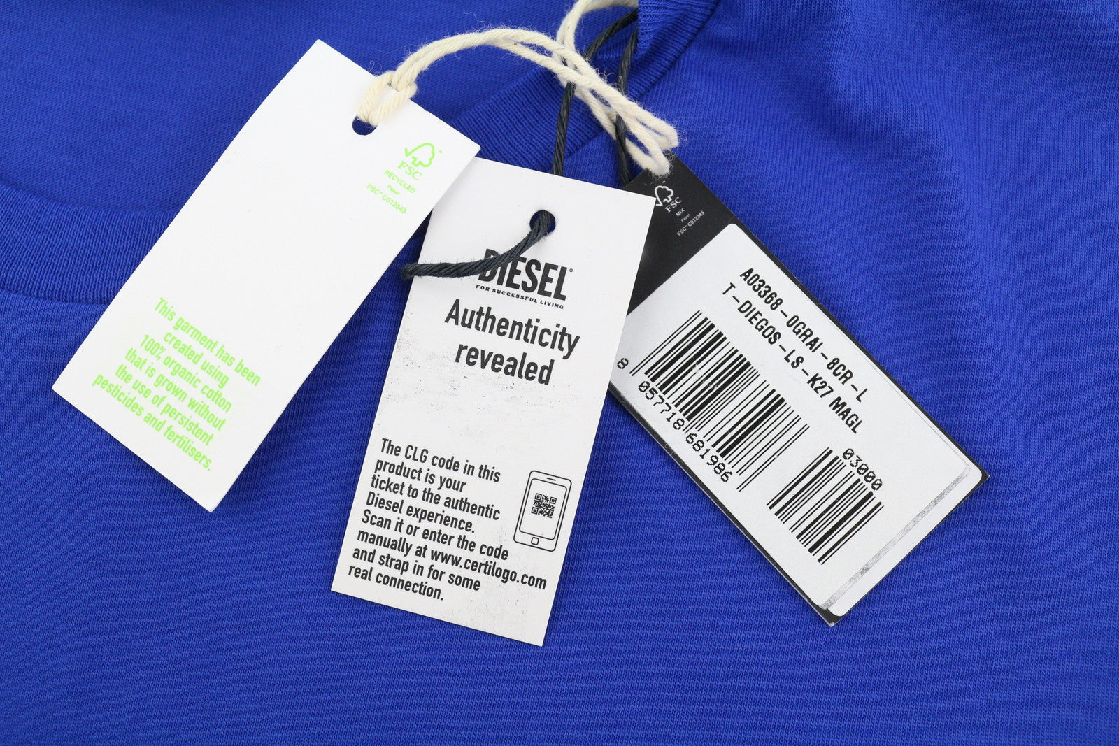 DIESEL T-Diegos-LS-K27 Men T-Shirt L Mid Blue Pullover Crew Neck Logo Cotton