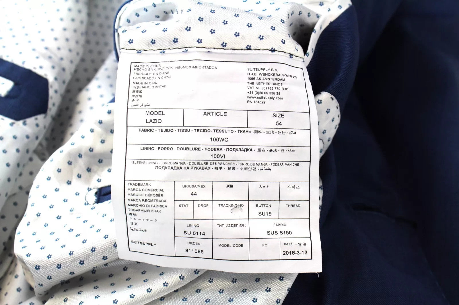 SUITSUPPLY Men Blazer UK44 Blue Lazio Wool Notch Lapel Lined Classic