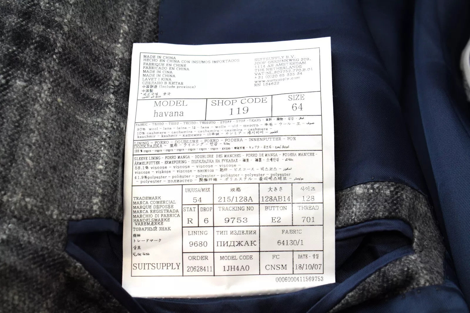 SUITSUPPLY UK54R Blazer Men Grey Checked Havana Wool Cashmere Lined