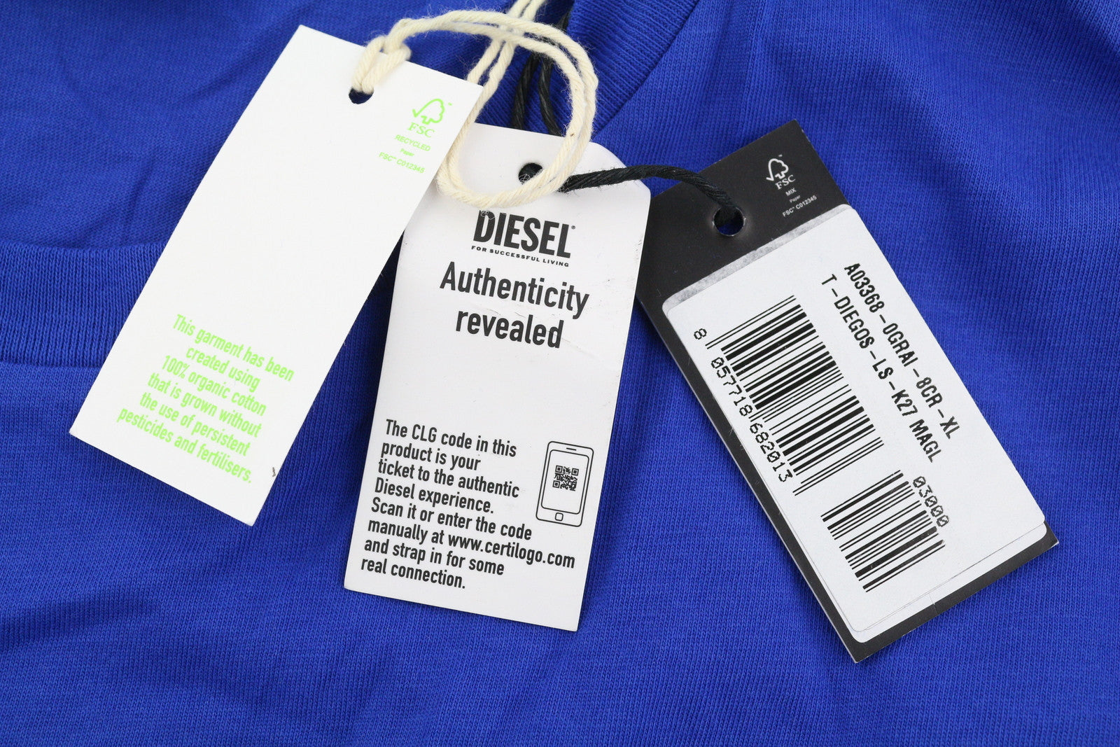 DIESEL T-Diegos-LS-K27 Men T-Shirt XL Blue Pullover Crew Neck Logo Cotton