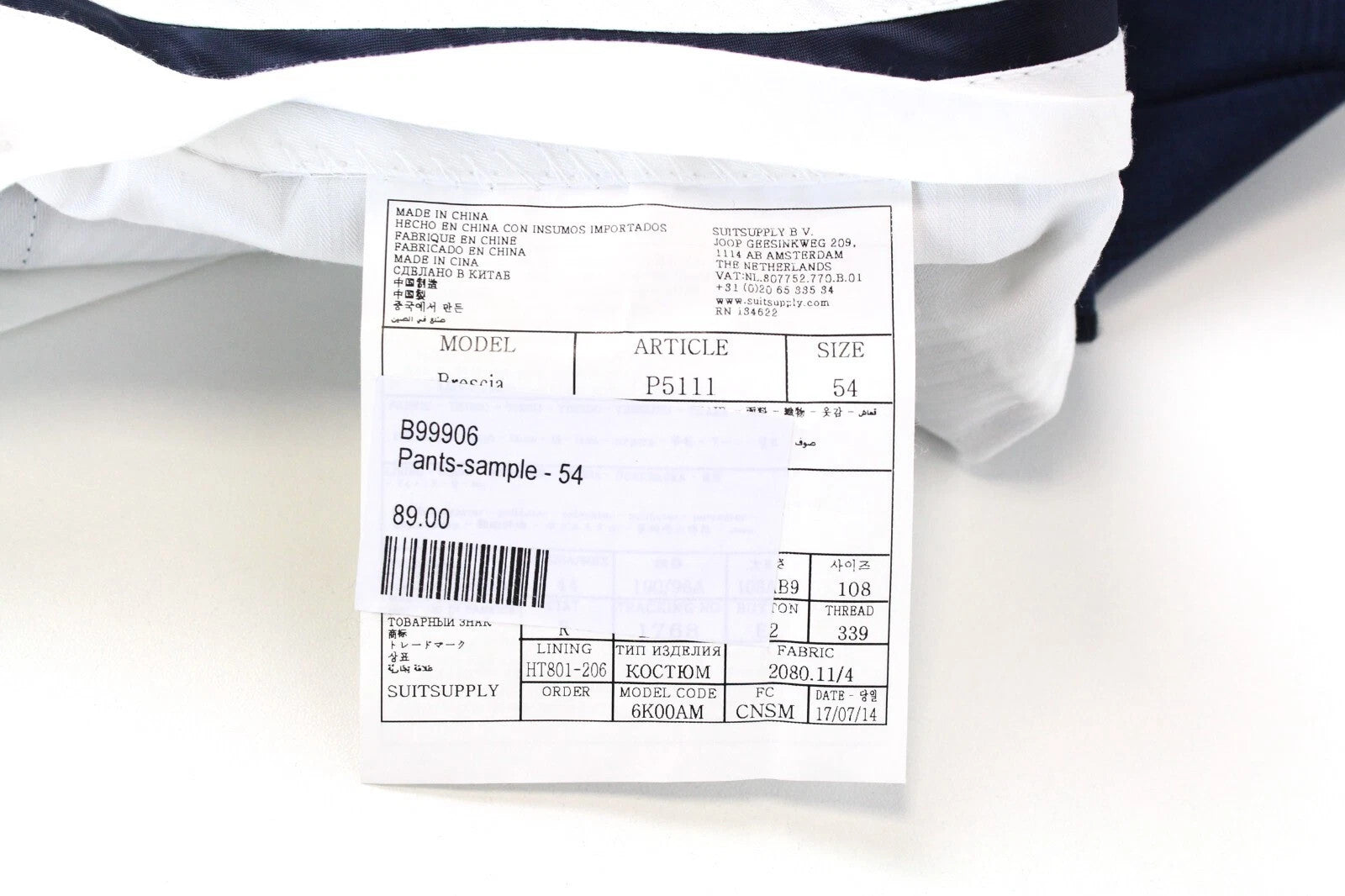 SUITSUPPLY Men Trousers UK44R Brescia Blue Wool Formal Fit Lined Pleats