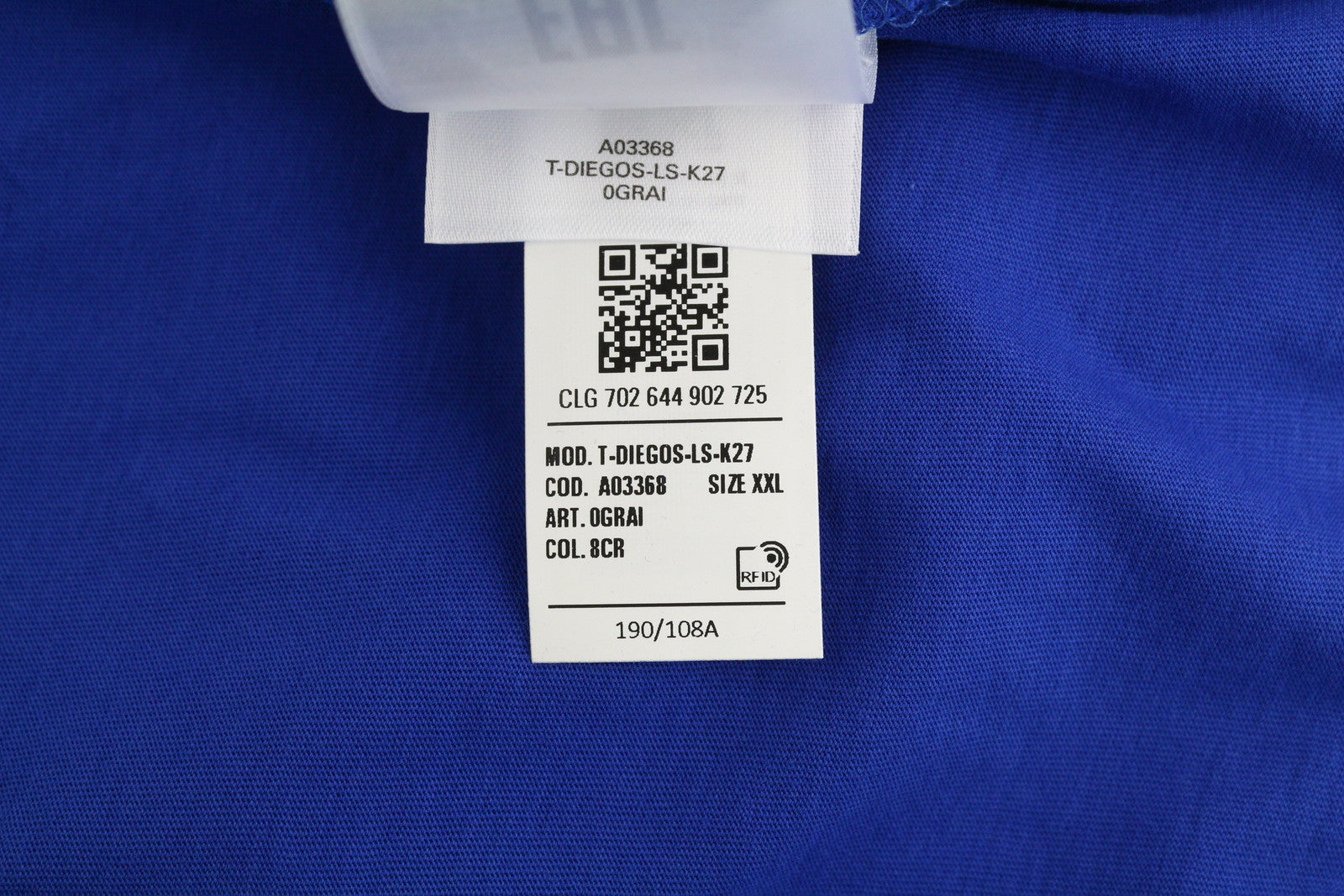 DIESEL T-Diegos-LS-K27 Men T-Shirt 2XL Blue Pullover Crew Collar Logo Cotton