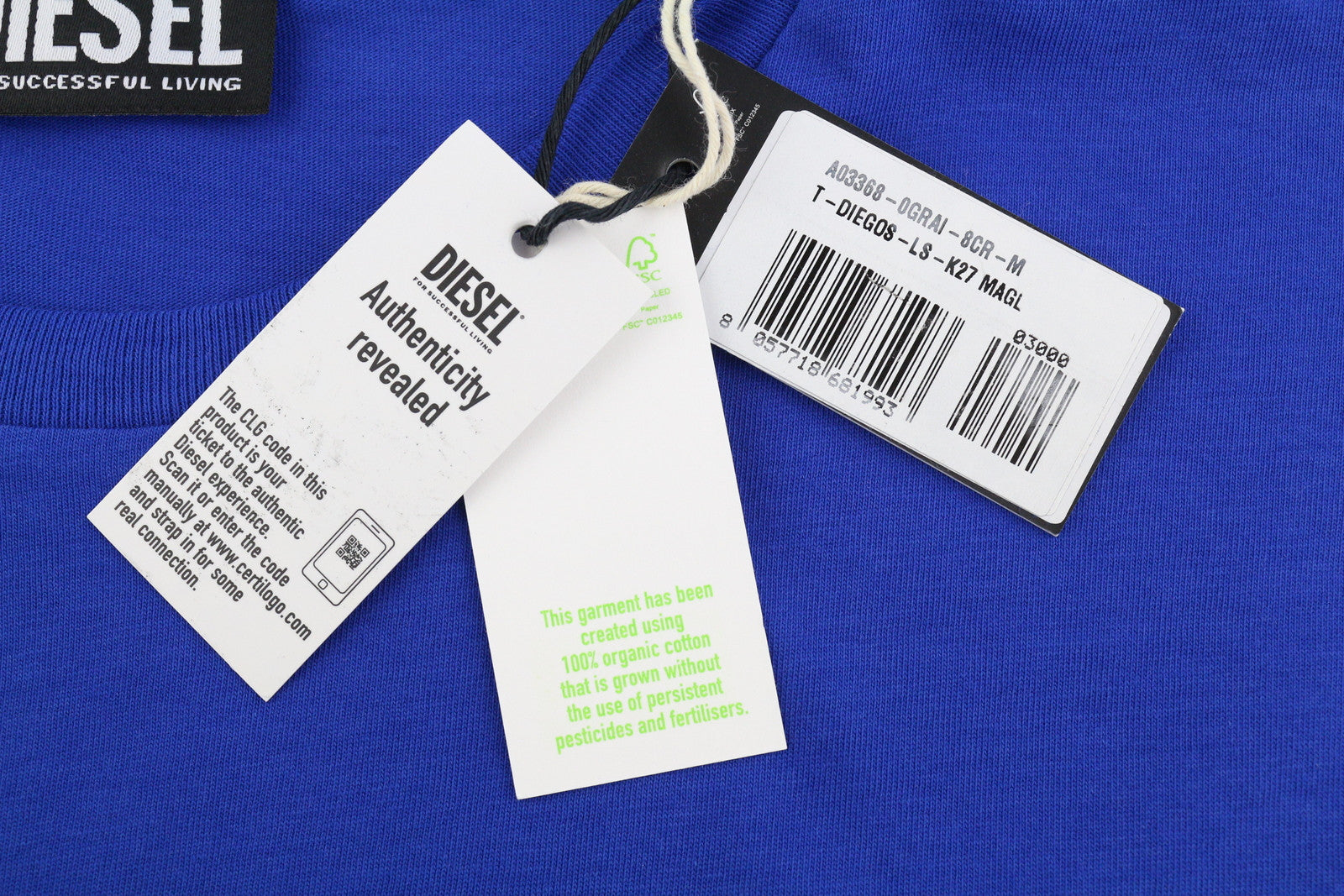 DIESEL T-Diegos-LS-K27 Men T-Shirt M Mid Blue Pullover Crew Neck Logo Cotton