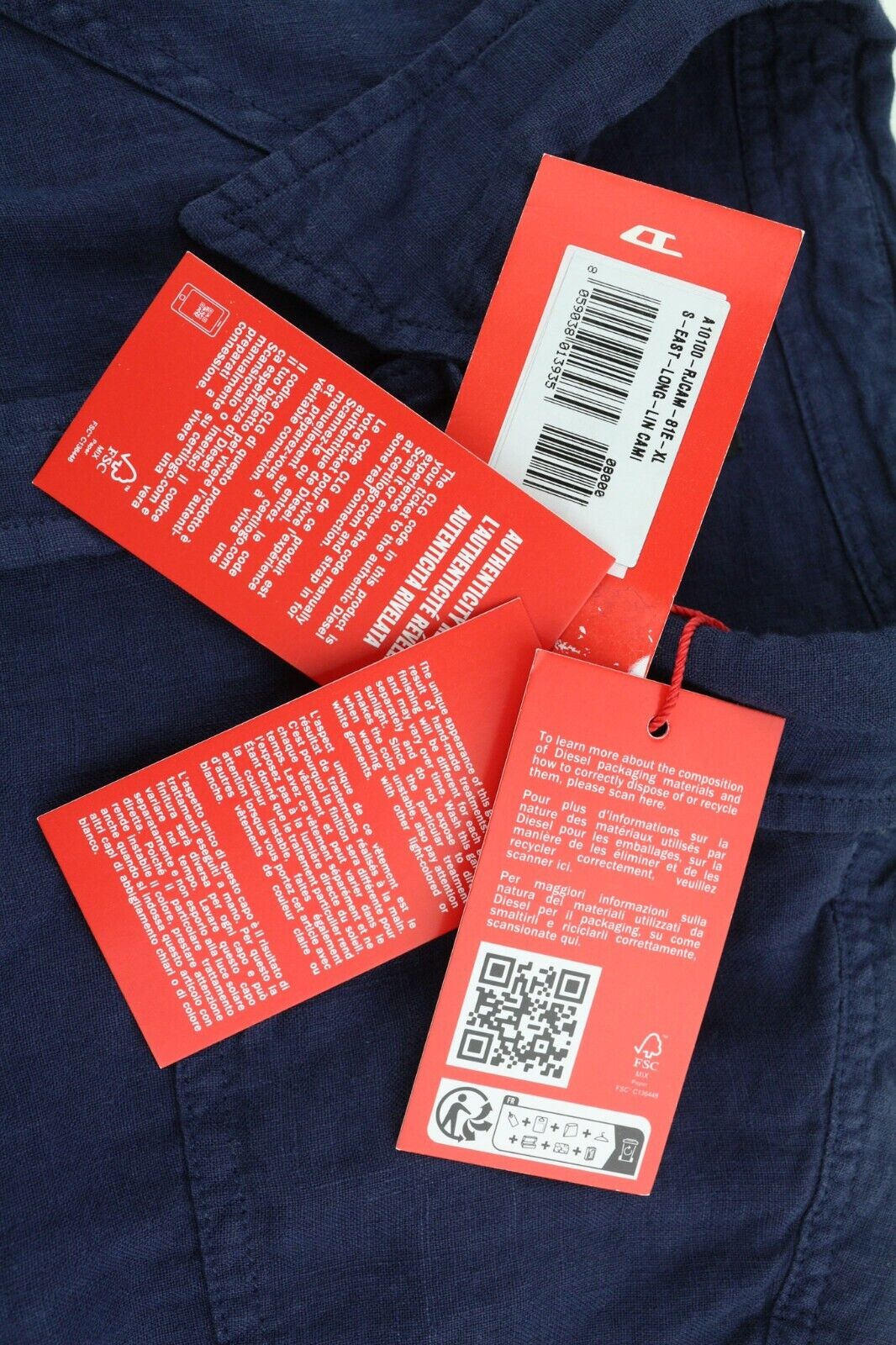 DIESEL S-East-Long-Lin Men Shirt XL Western Linen RRP€175 Spread Neck Dark Blue