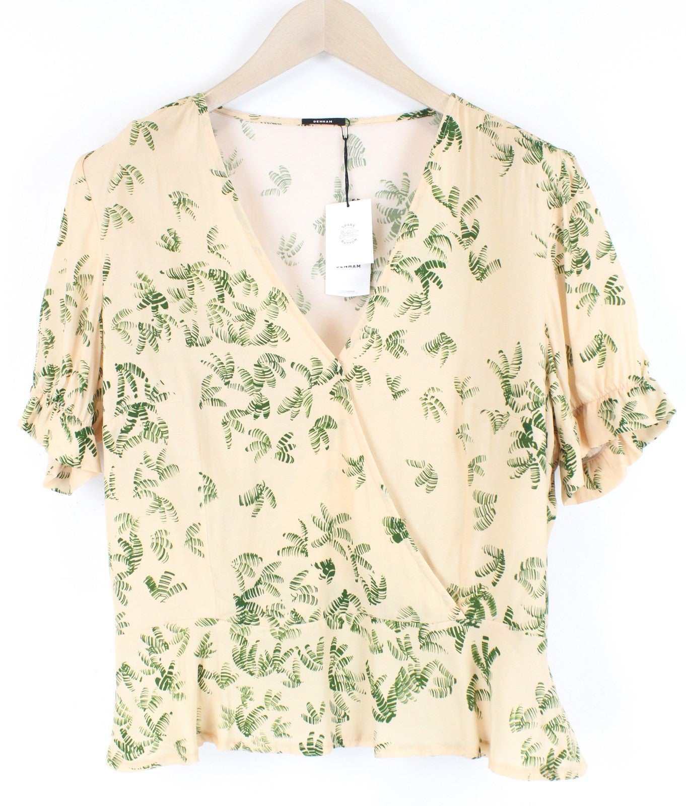 DENHAM Thelma T-Shirt Beige V-Neck Palm Pattern L Short Lightweight for Women