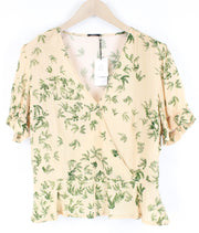 DENHAM Thelma T-Shirt Beige V-Neck Palm Pattern L Short Lightweight for Women