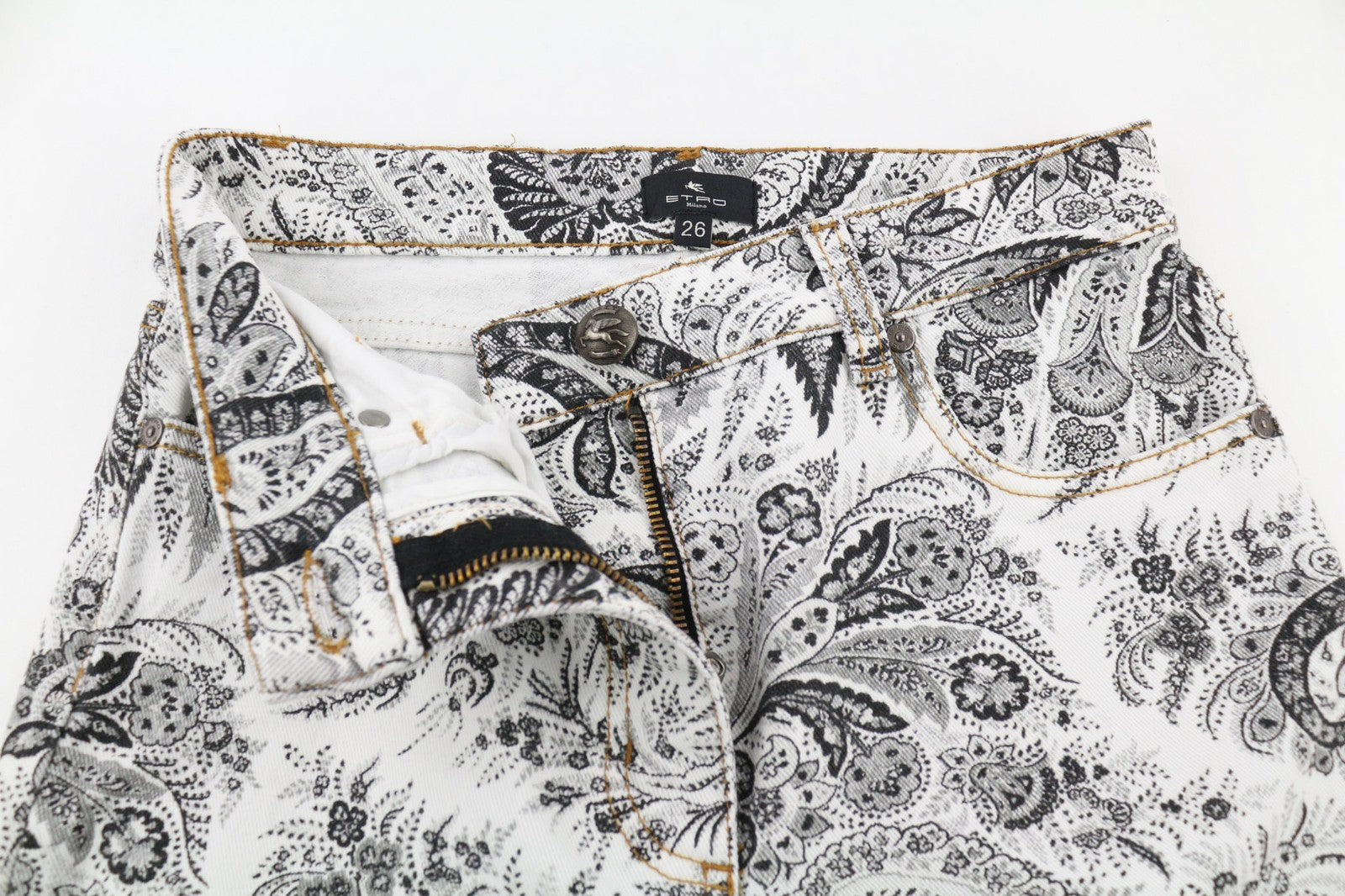 RRP€599 ETRO Womens Jeans W26 Slim  White Cotton Stretch Paisley Patterned