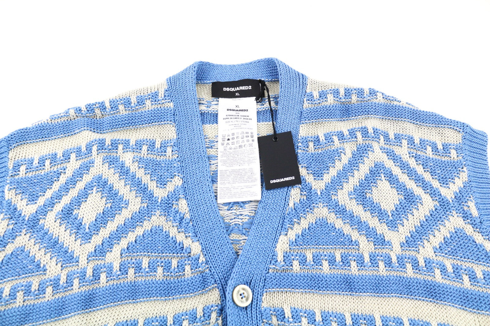 DSQUARED2 Womens Jumper XL Blue White Cotton Stretch Knitted Patterned Vest