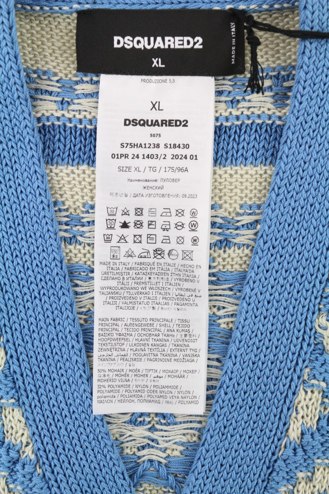 DSQUARED2 Womens Jumper XL Blue White Cotton Stretch Knitted Patterned Vest