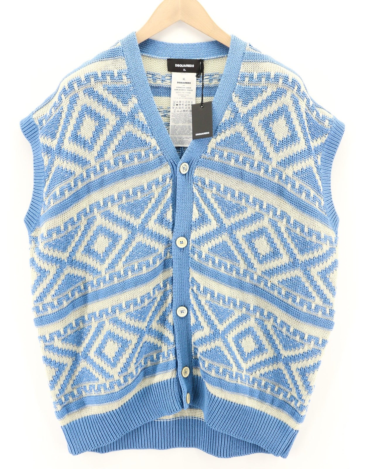 DSQUARED2 Womens Jumper XL Blue White Cotton Knitted Patterned Sleeveless Vest