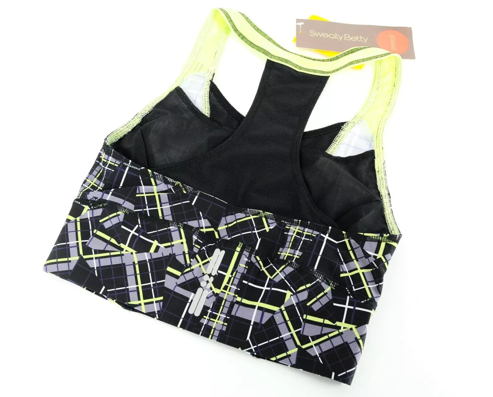 SWEATY BETTY Homestraight Run 2XS Sports Bra Black Print Stretch  Womens