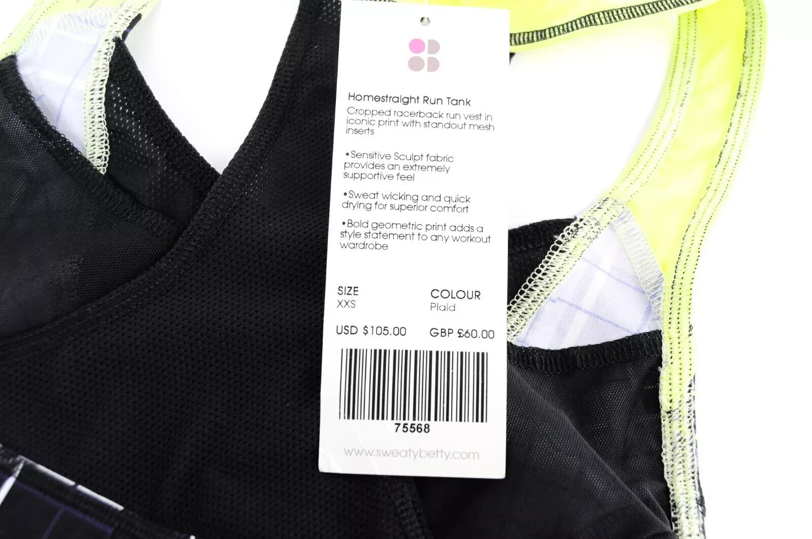 SWEATY BETTY Homestraight Run 2XS Sports Bra Black Print Stretch  Womens