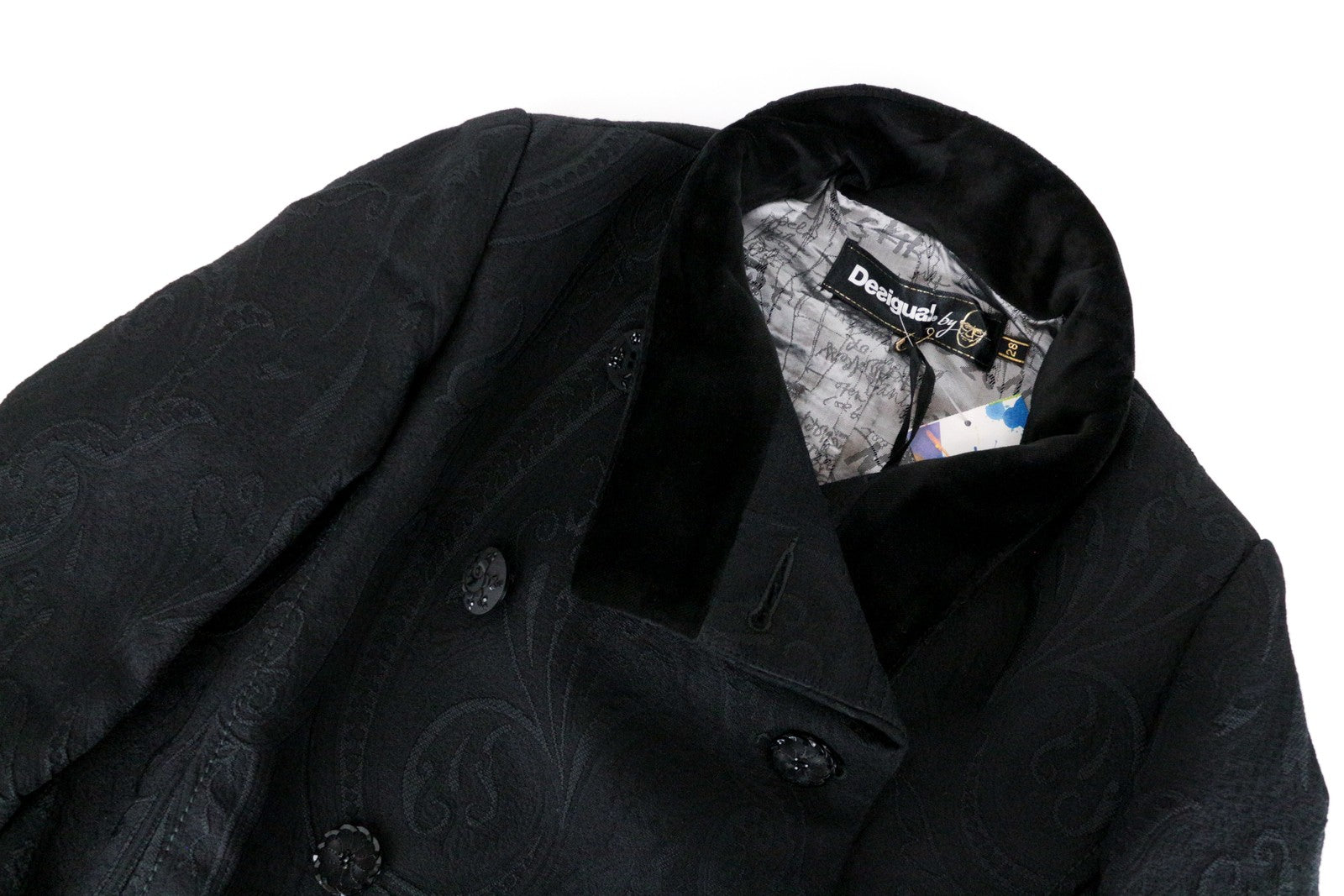 DESIGUAL Innocense Women's Black Wool Coat EU38 Double-Breasted Jacquard