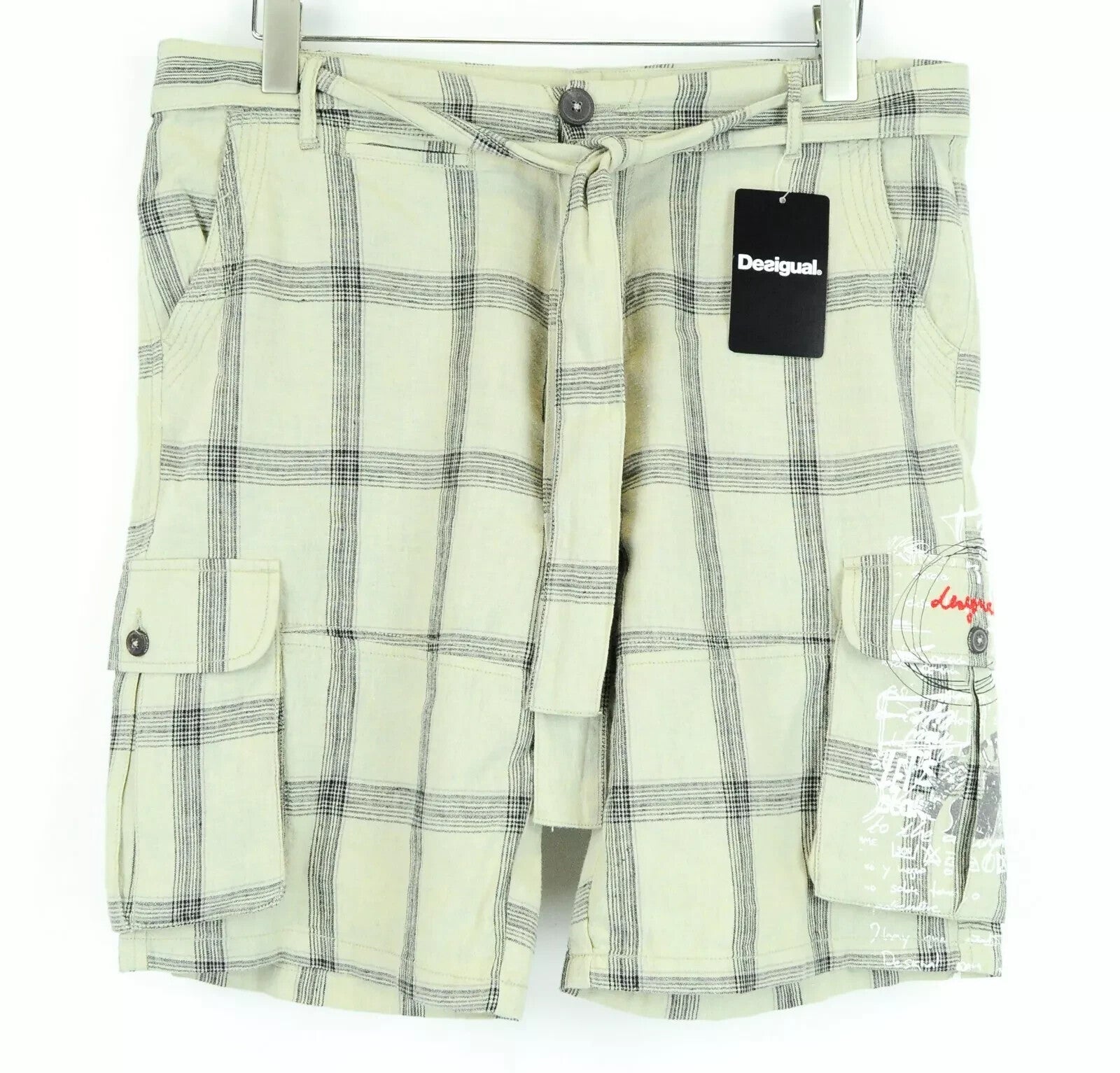DESIGUAL Marc 32 Checked Linen Shorts Pocketed Printed Summer Mens Cargo