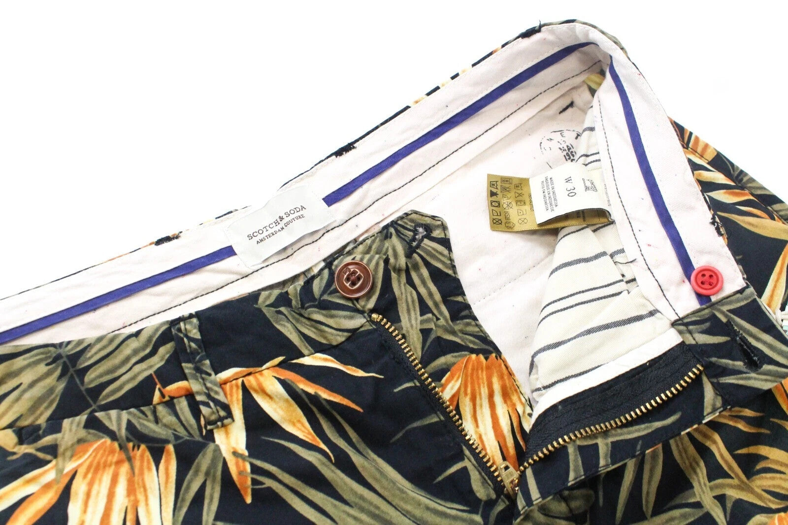 SCOTCH & SODA W30 Leaf Print Cotton Chino Shorts Pocketed Mens Summer Style