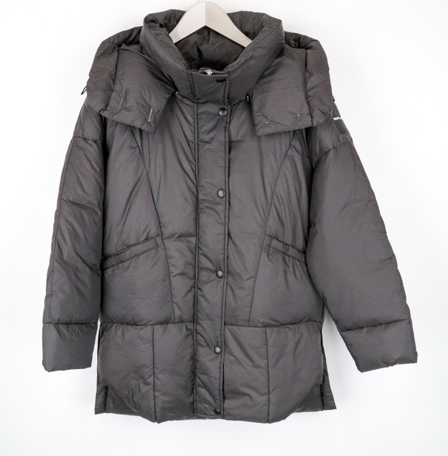 REPLAY Women's Coat S Brown Mid-Length Quilted Down Hooded Puffer Oversized