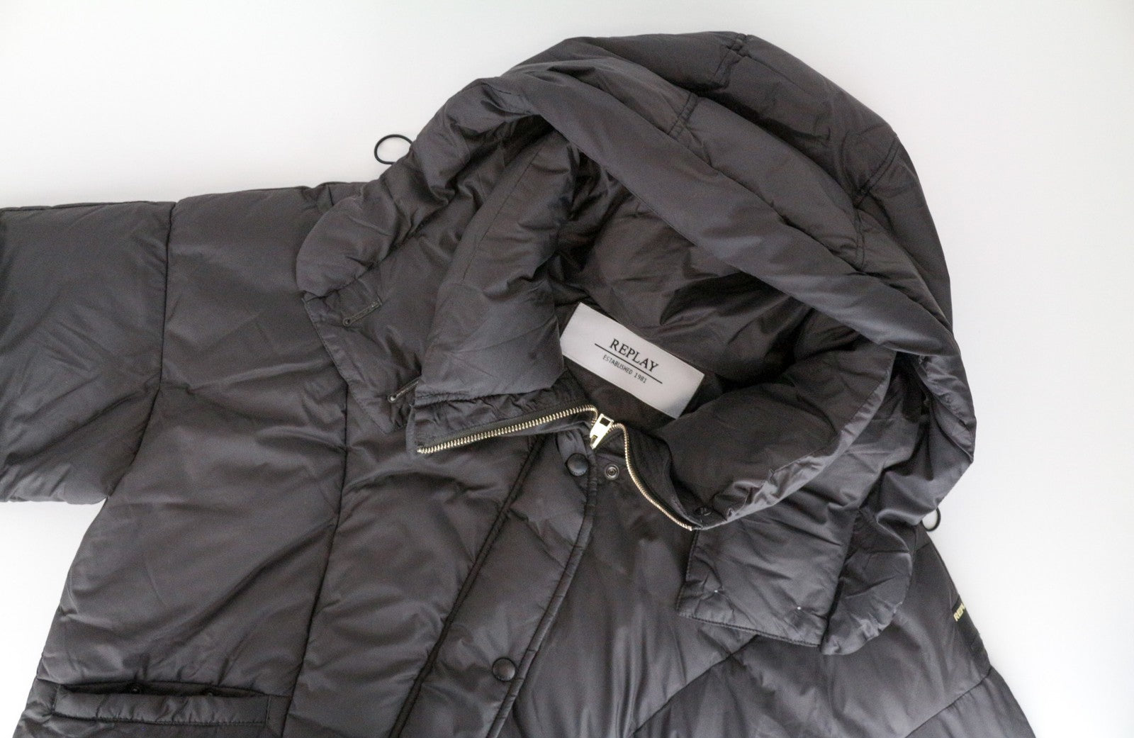 REPLAY Women's Coat S Brown Mid-Length Quilted Down Hooded Puffer Oversized