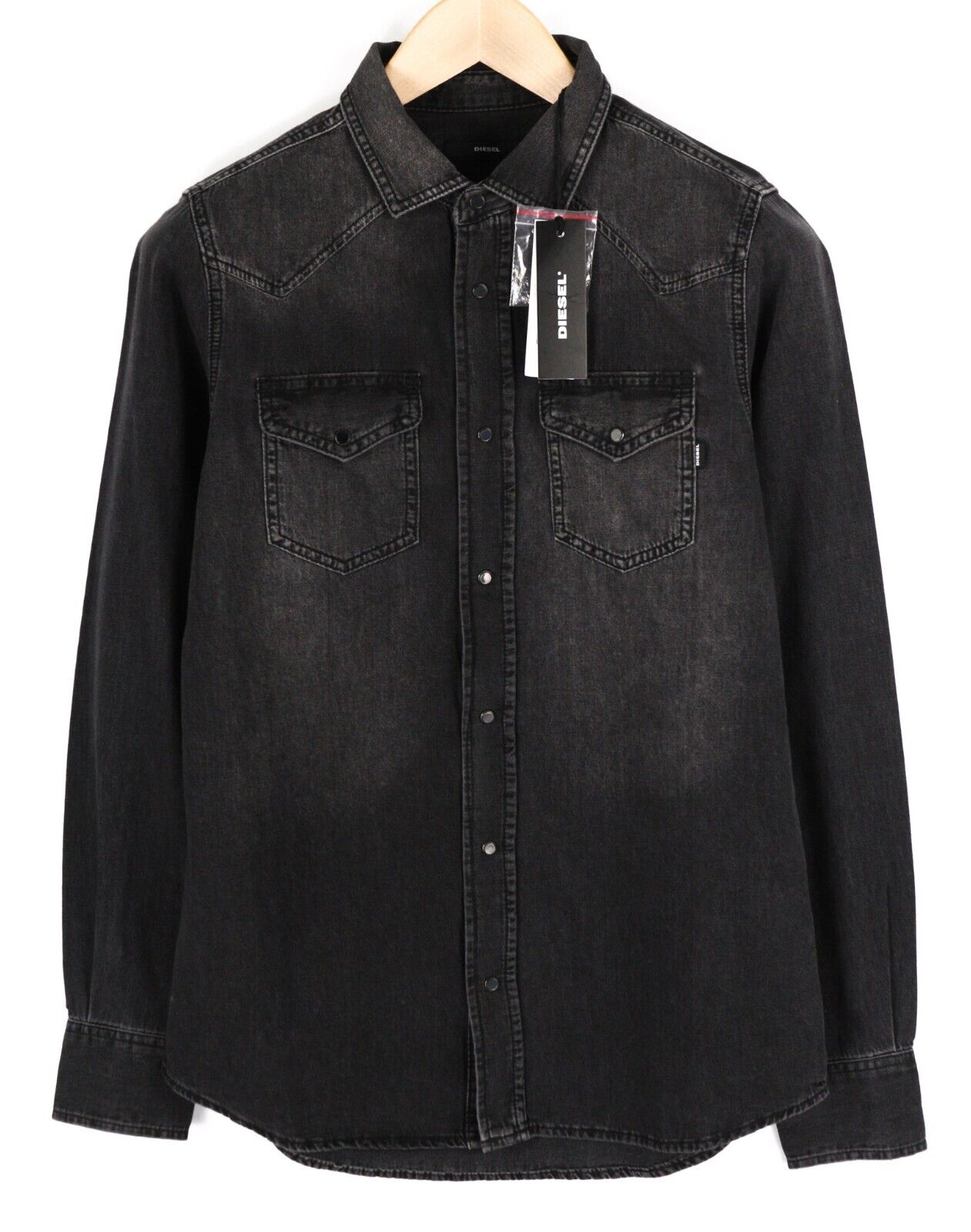 DIESEL New-Sonora Mens Shirt S RRP€120 Western Washed Black Spread Snap Buttons