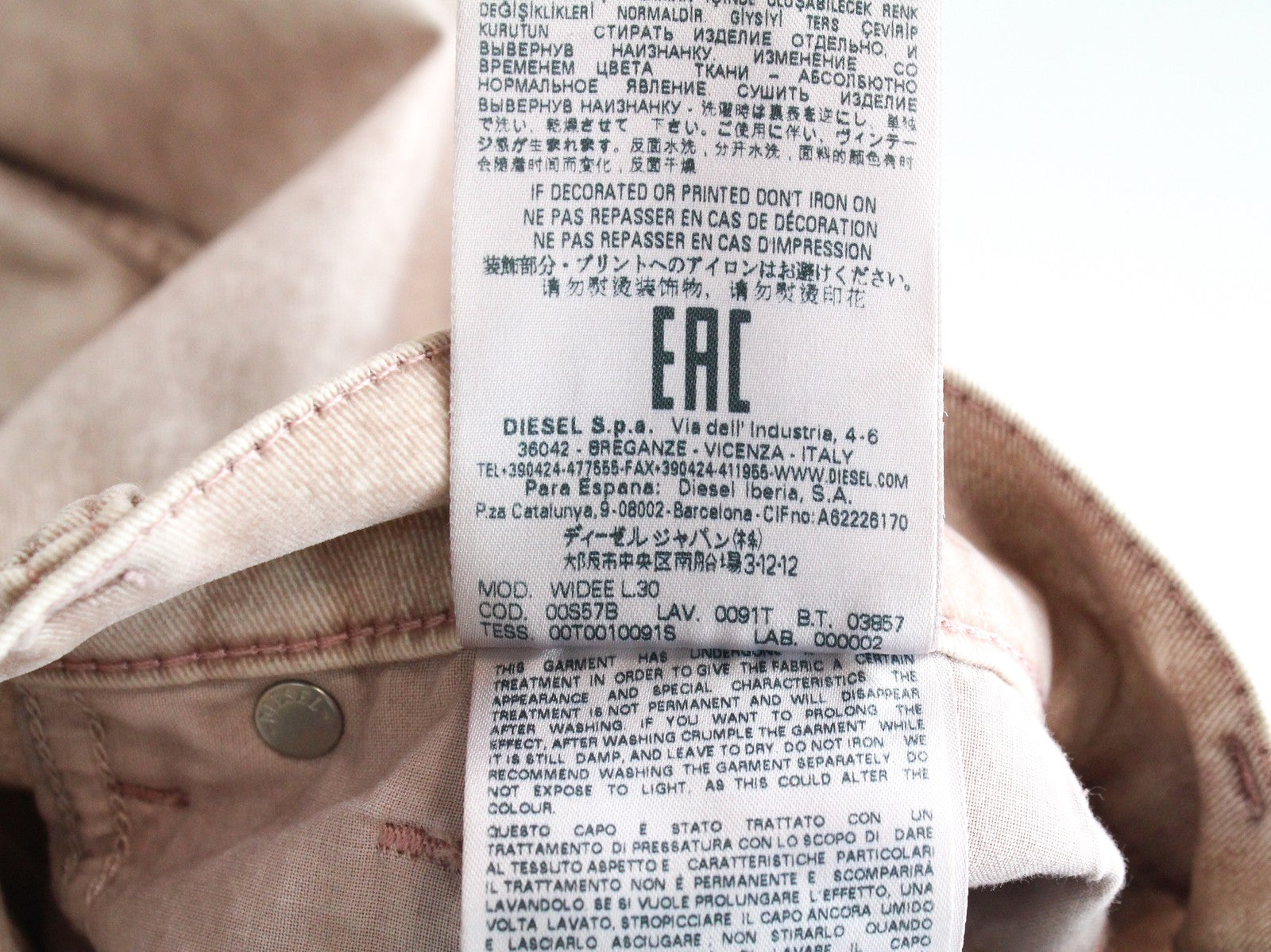 DIESEL Widee 0091T Women's W25 L30 Jeans Light Pink Velvet Flared Stretch