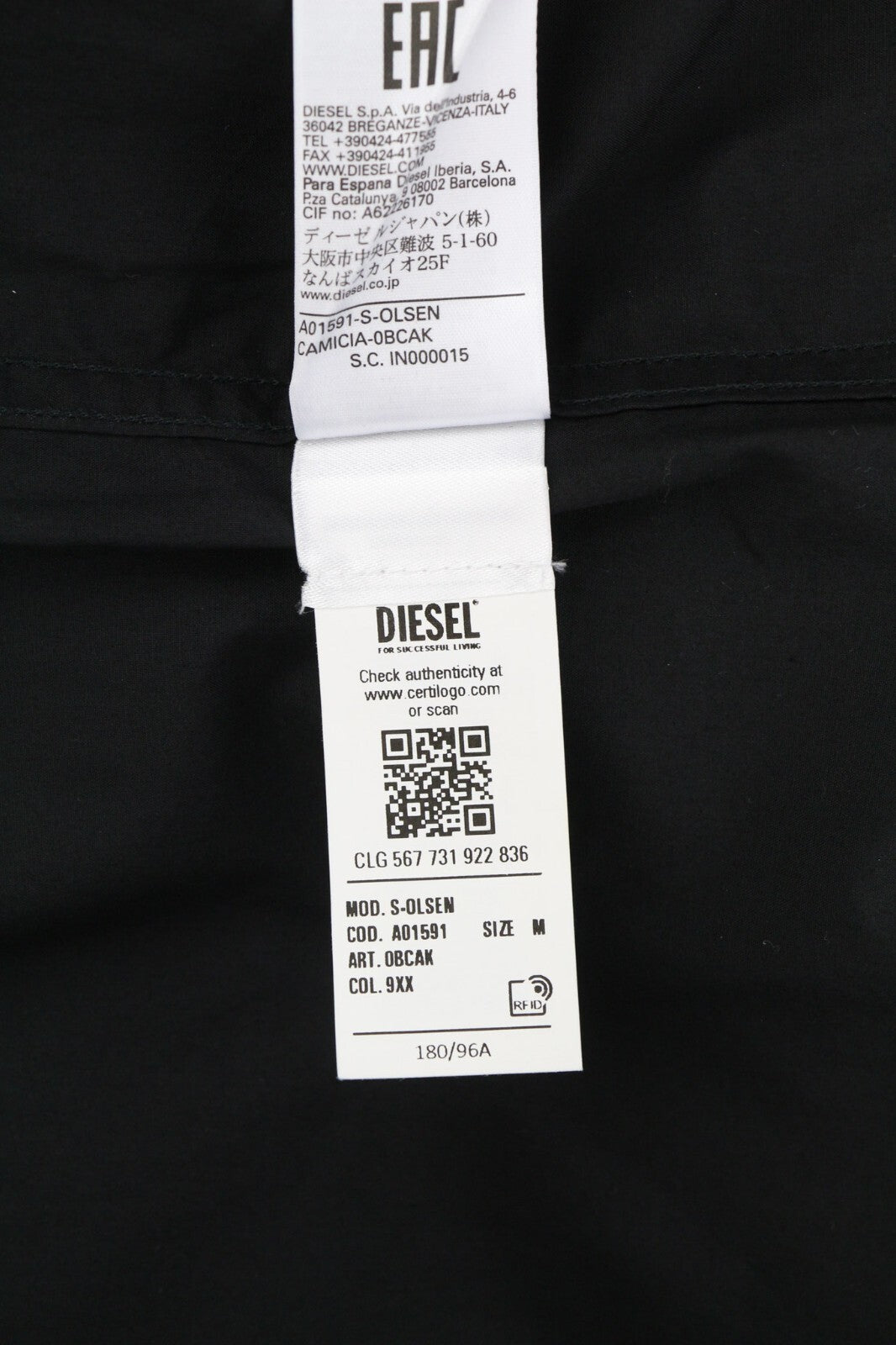 DIESEL S-Olsen Mens Shirt M  Black Hidden Button Patch Pocket Spread Neck