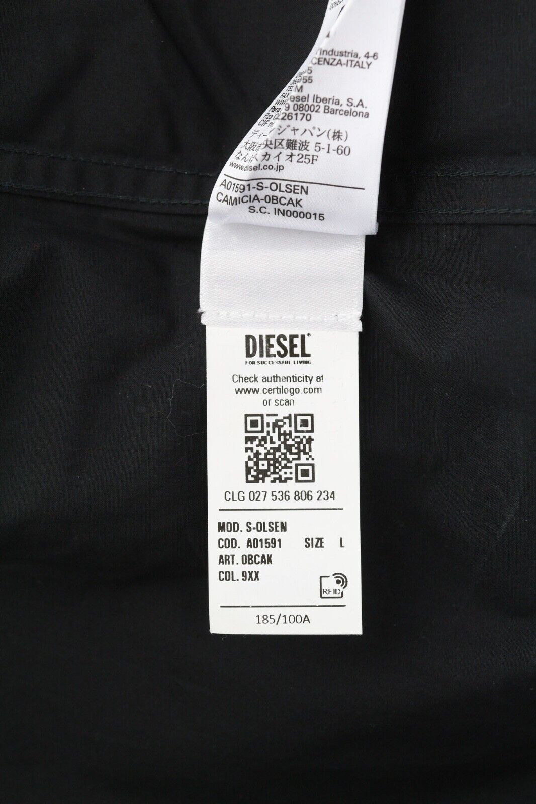 DIESEL S-Olsen Men Shirt L  Black Hidden Button Patch Pocket Spread Neck