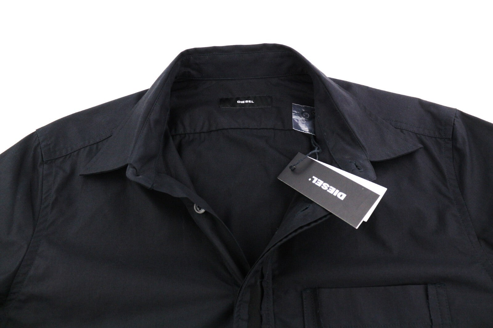 DIESEL S-Olsen Men Shirt L  Black Hidden Button Patch Pocket Spread Neck