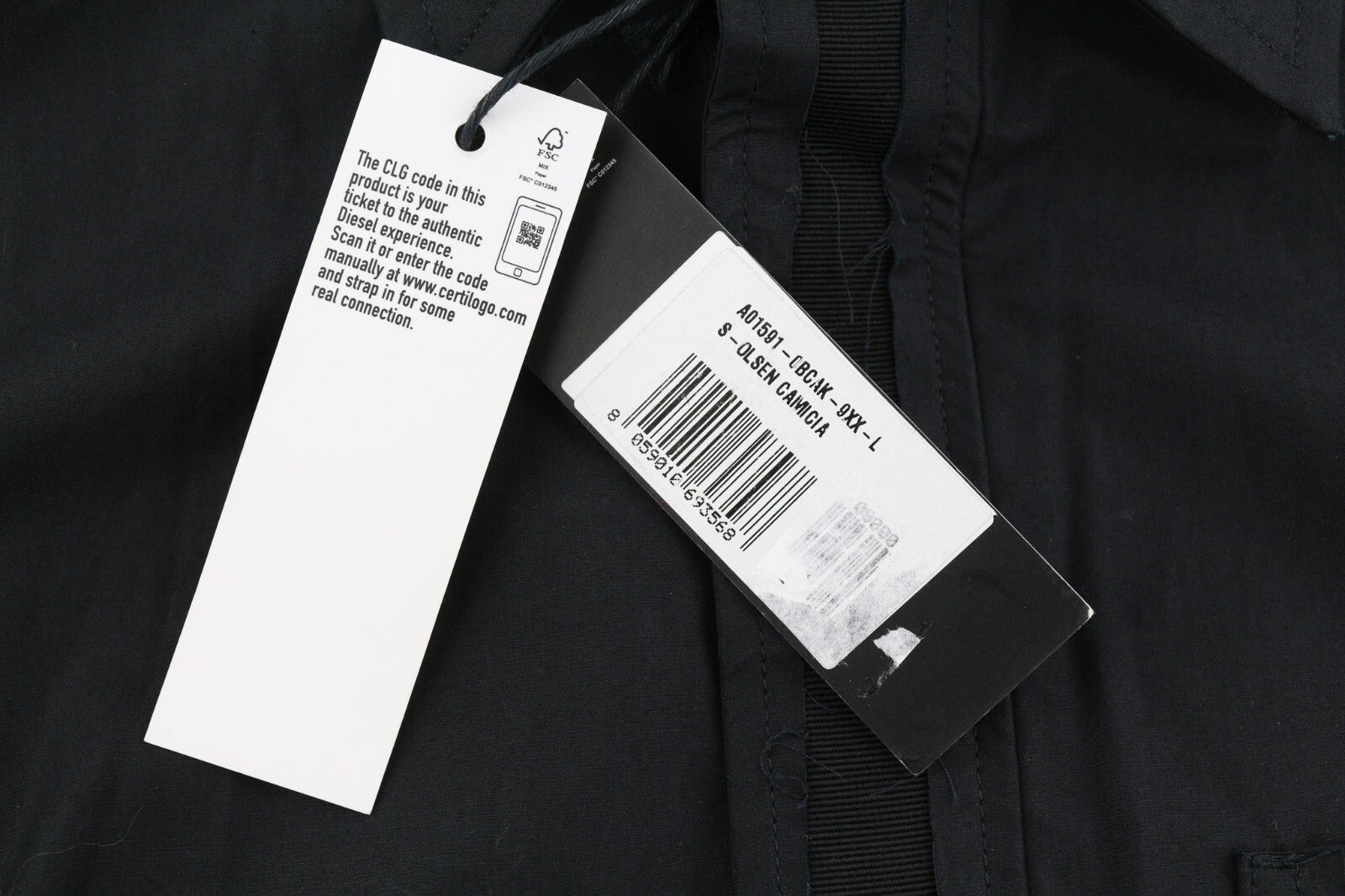 DIESEL S-Olsen Men Shirt L  Black Hidden Button Patch Pocket Spread Neck