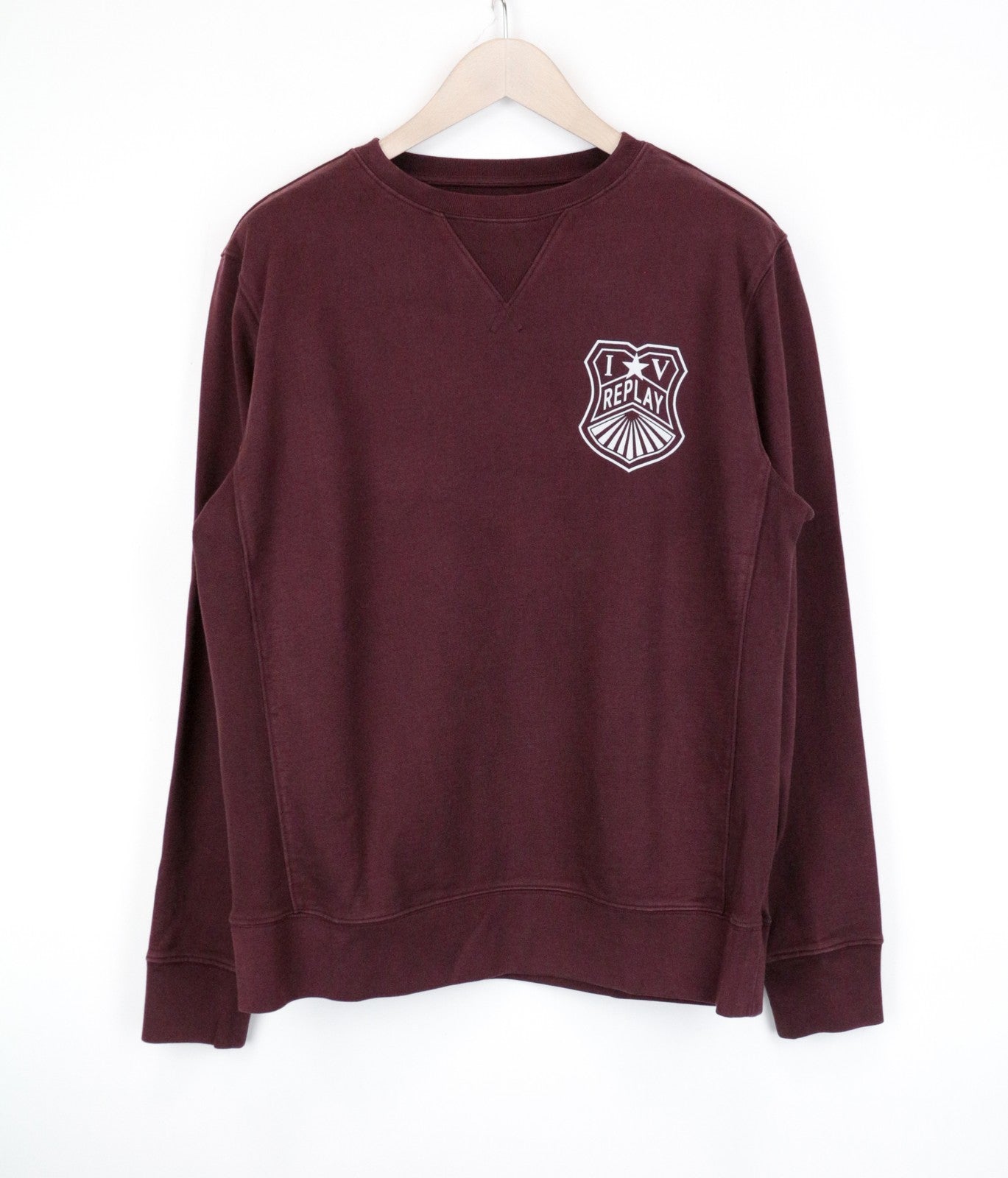 REPLAY Men's Sweatshirt L Burgundy Cotton Pullover Logo Design Long Sleeve