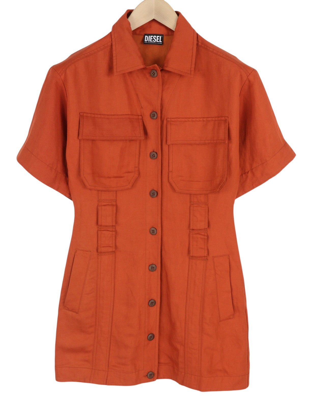 DIESEL D-Amabel Women Dress S Orange Linen Blend Buttoned Short Sleeve RRP€365