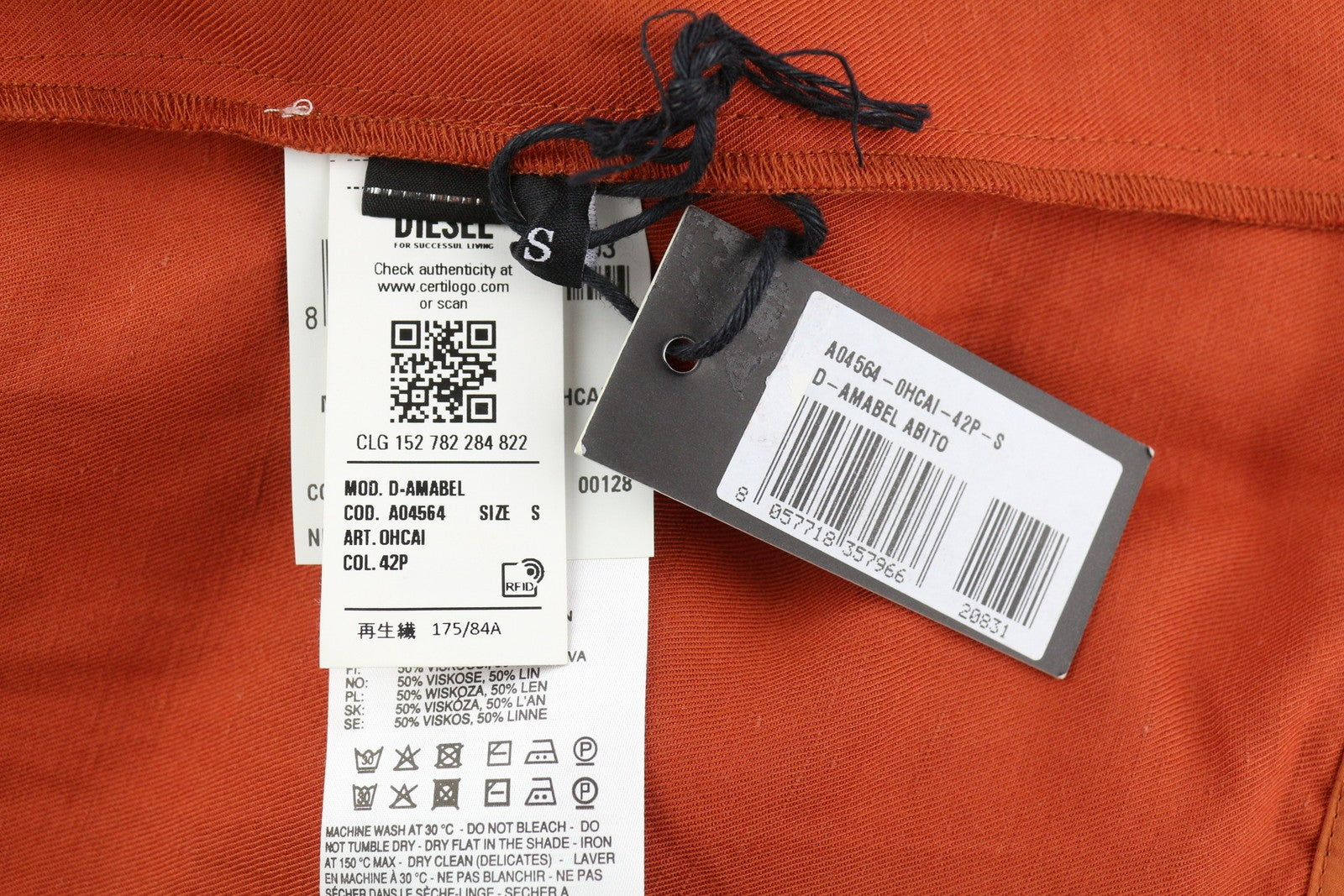 DIESEL D-Amabel Women Dress S Orange Linen Blend Buttoned Short Sleeve RRP€365