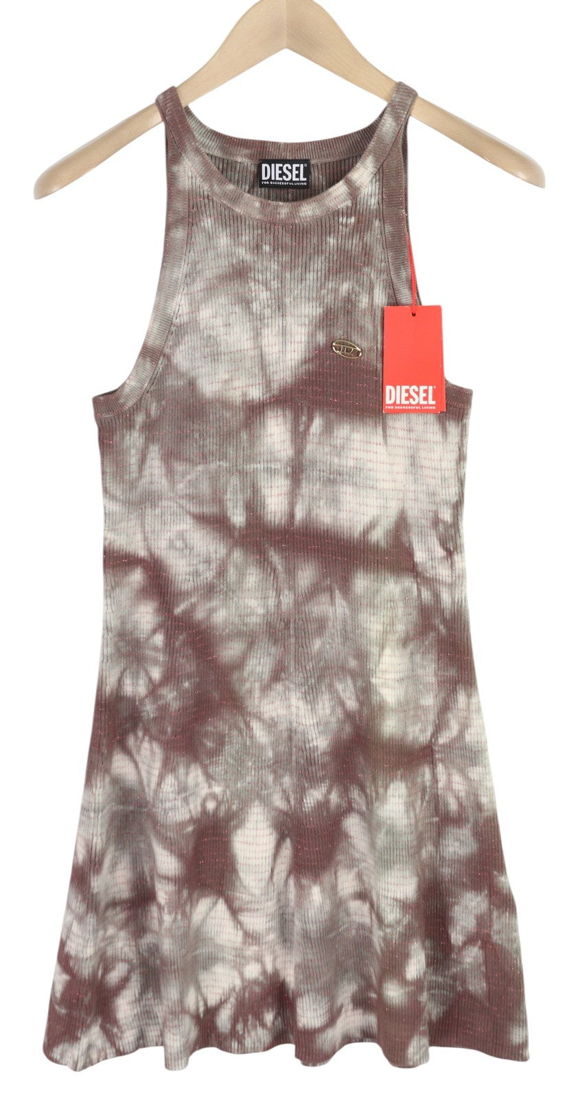 DIESEL M-Eugenie Women Dress L Washed Burgundy Shiny Look Ribbed RRP€225 Short