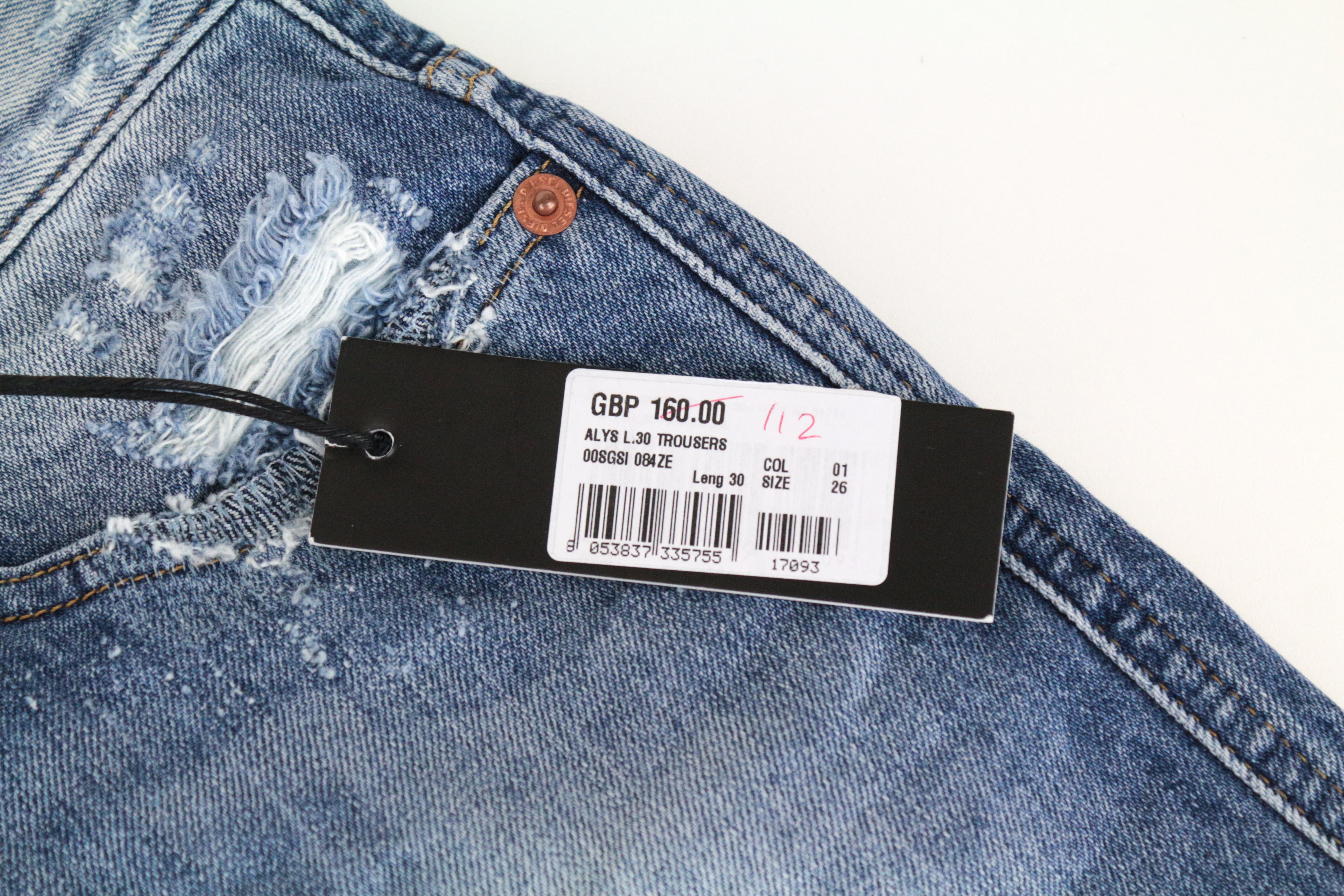 DIESEL Alys 084ZE Women's W26 L30 Jeans Straight Fit Ripped Cotton Blue Wash