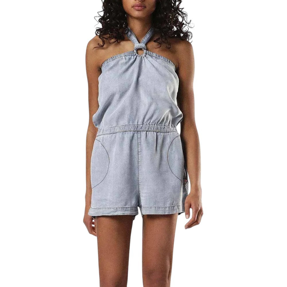 DIESEL De-Shanny Women Romper 2XS Washed Blue Denim Look Elastic Waist Pockets