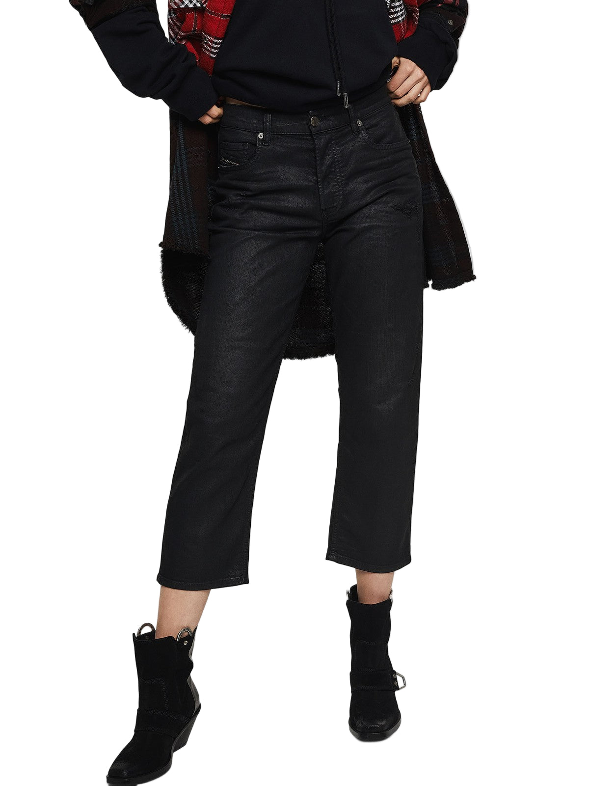 DIESEL Aryel 069JD Women Jeans W26/L32 Coated Stretch Straight Distress Black